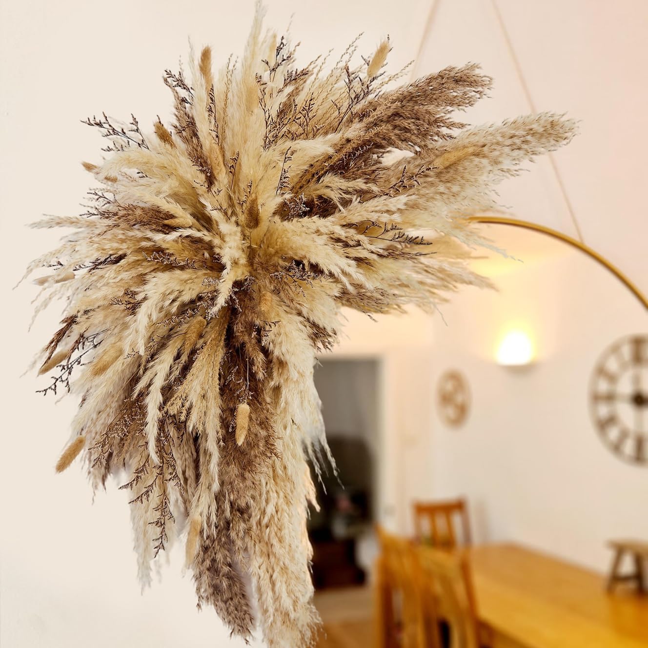 Natural Dried Flower Wall Hanging, 35-Inch Boho Pampas Grass, Pink Bunny Tails, Palm Leaves, Wedding Arch Decor (Boho Horizon)