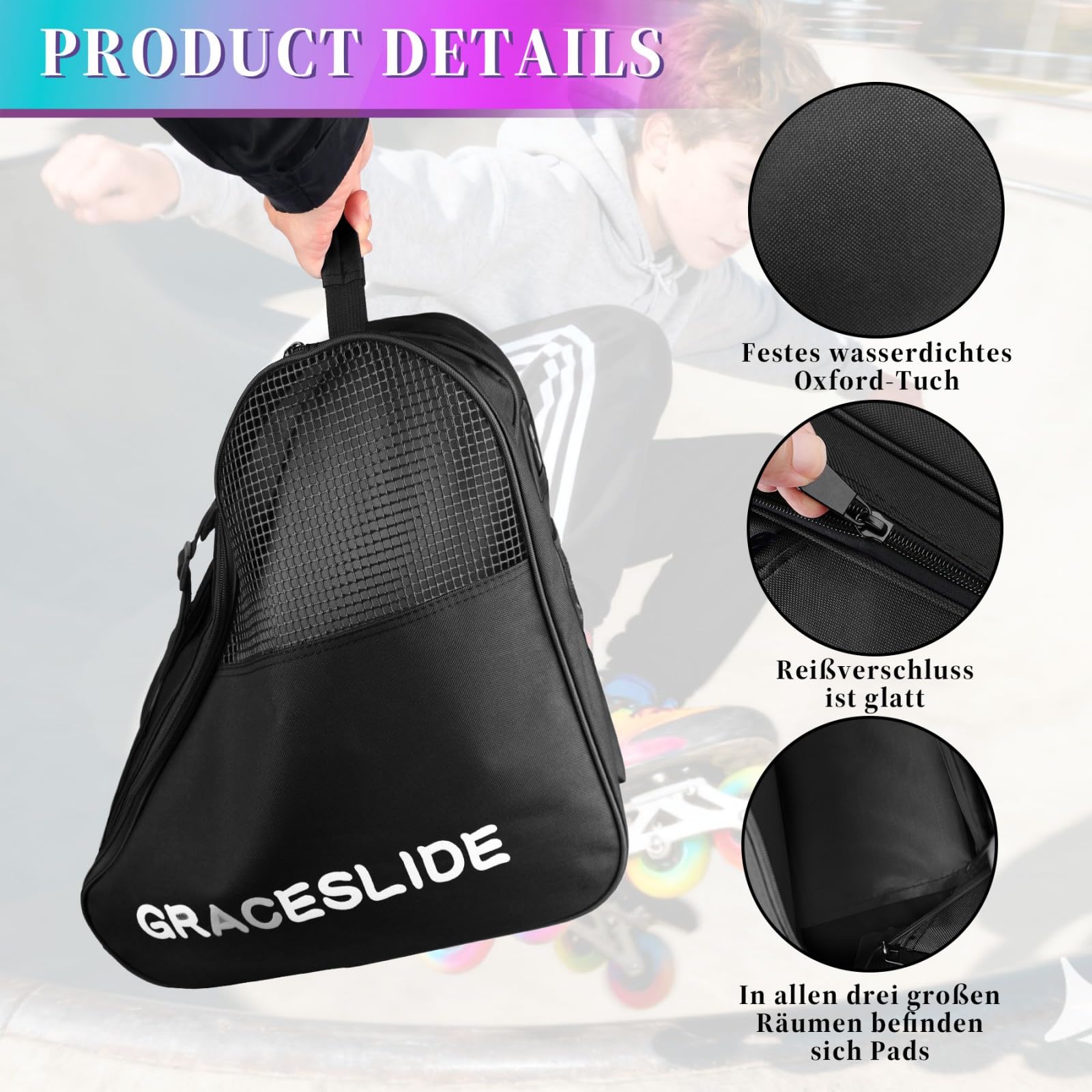 Inliner Tasche, Skatertasche, Skischuhtasche mit Verstellbare Riemen, Ice Skate Bag, Rollschuhtasche, Eishockey-Bag, Geeignet für Schlittschuh- und Hockeyzubehör (Schwarz)