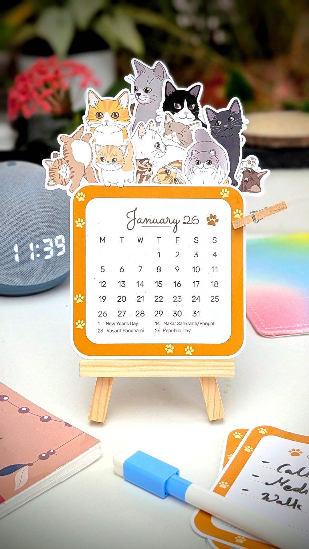 Cat Calendar 2026 with holidays | Calendar + Easel stand + Magnetic Erasable marker + 2 Note cards | 6 in x 4 in | Cute Cat theme | Ideal for gifting