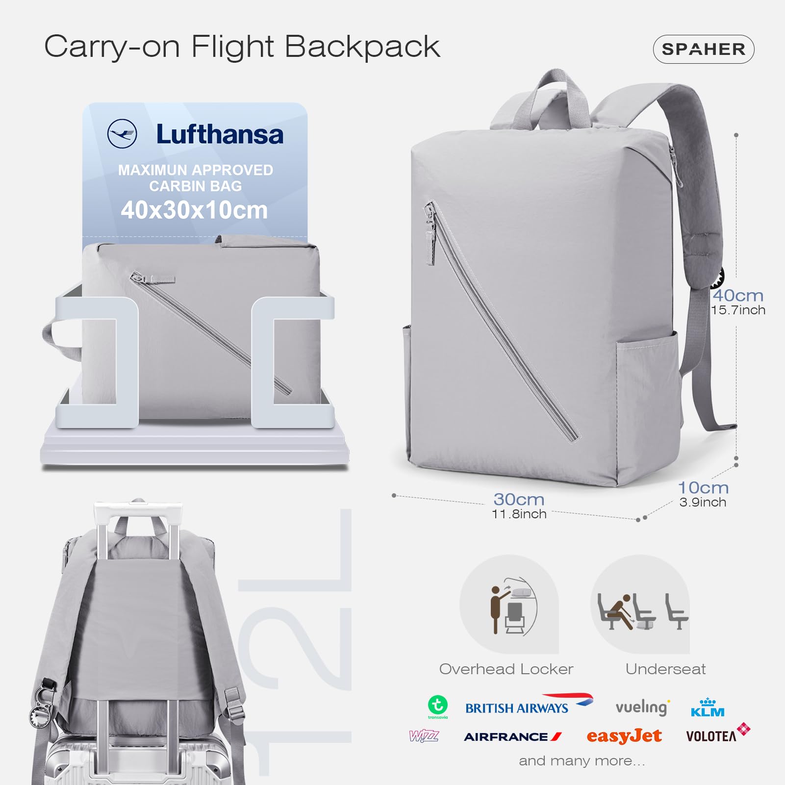 SPAHER Ultralekki Plecak Podróżny 40x30x10cm Lufthansa Bagaż Podręczny Mały Plecak Kabinowy do Samolotu Wodoodporny Plecak na co Dzień Laptopa 15,6 Calowy dla Pracy Szkoły Podróży, Czarny
