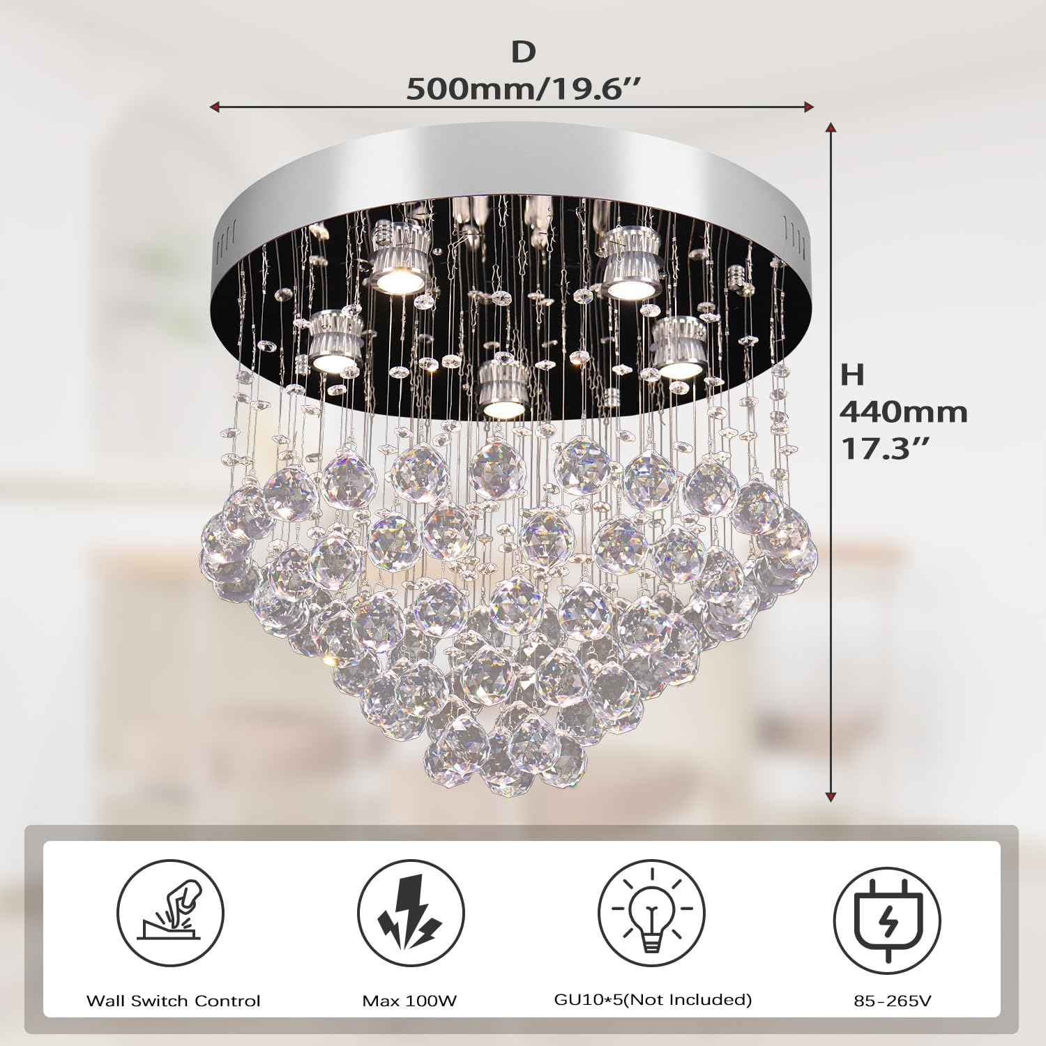 Finktonglan Modern Crystal Chandeliers 19.6 inch Round Ceiling Light Fixtures Stainless Steel Flush Mount Chandelier Ceiling Lights for Bedroom Foyer Hallway Dining Room GU 10 Bulb
