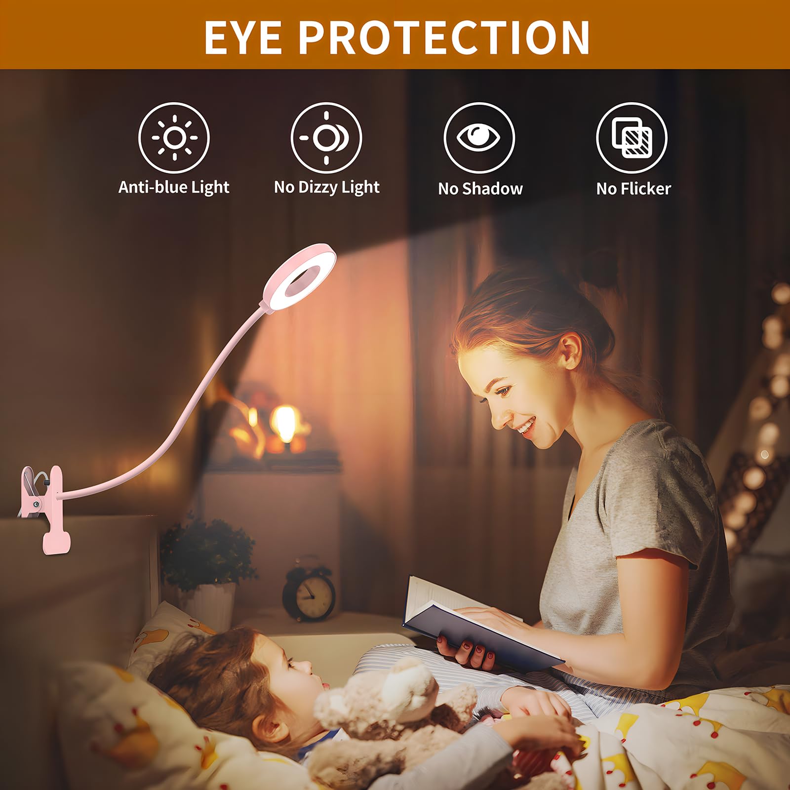 iZELL Lampada da Lettura 23 LED con Caricatore USB Lampada con Pinza-3 Colore e 10 Luminosità, 40 CM Blocca 99.99% della Luce Blu Lampada Scrivania con Morsetto per Libro, Lavoro, Letto, Tavolo-Rosa