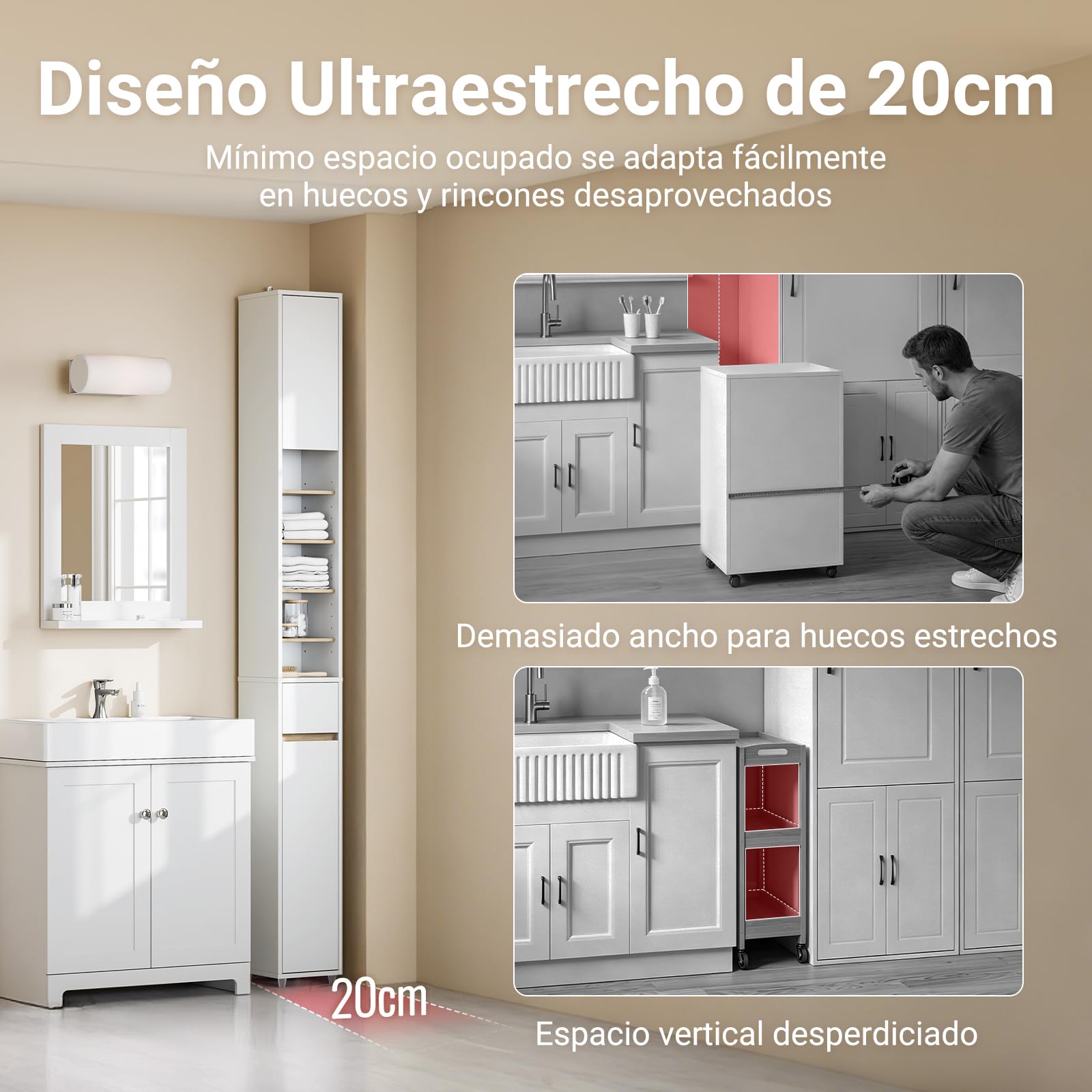 SoBuy Mueble Baño Estrecho y Alto Armario Baño Tipo Columna Auxiliar Mueble Auxiliar de Almacenaje con Estantes Regulables y Cajón Armario Estrecho para Espacios Reducidos, 20x20x180cm BZR34-WN