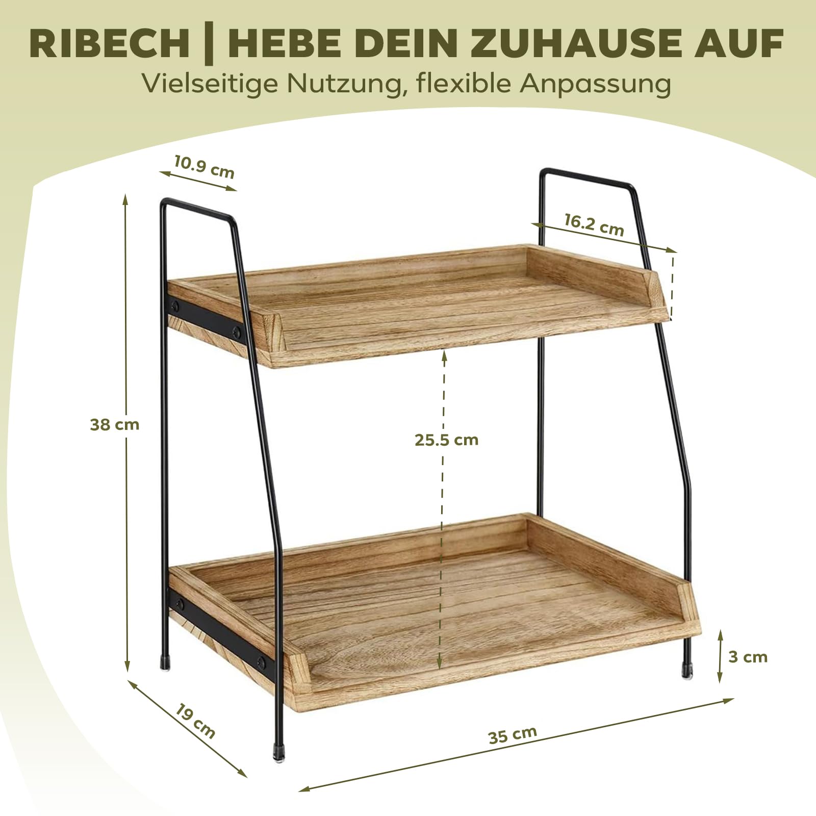 2-stufiges Organizer-Regal aus Holz & Metall | Kaffee- und Küchenregal mit Arbeitsplatte | Für Kosmetik, Bad, Home-Bar | Einfacher Aufbau, Braun