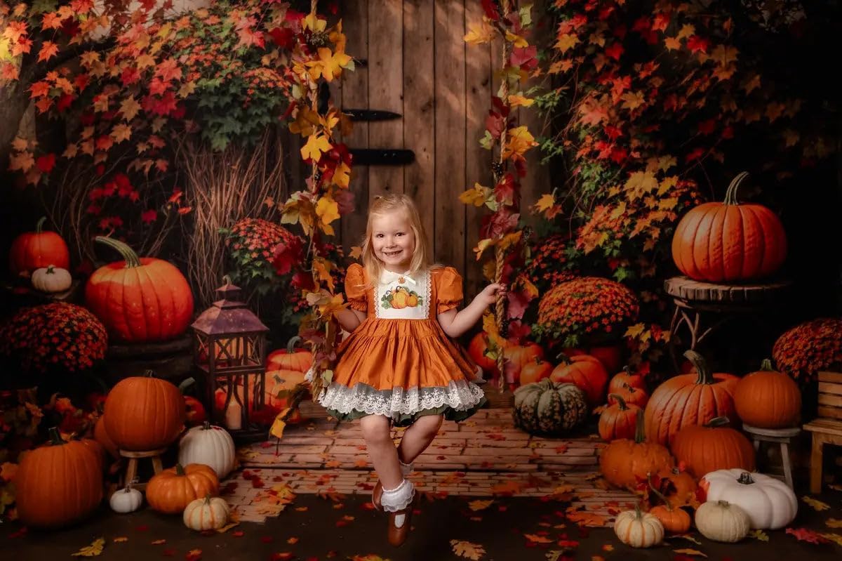 Kate Fall パンプキン カエデの葉 ブラウン 木製アーチドア背景 写真背景 スタジオ小道具、8x8フィート