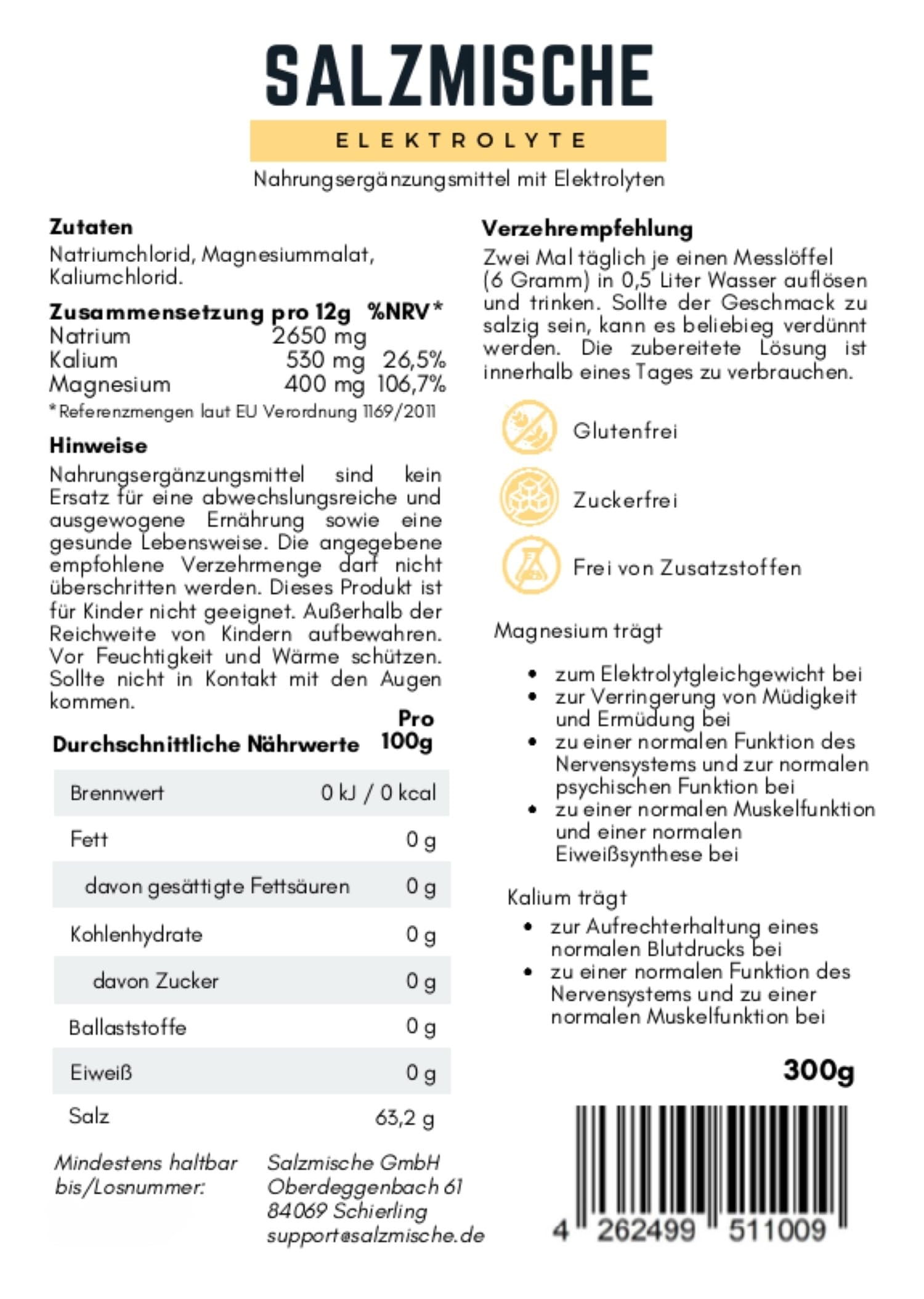 Elektrolyte ohne Zucker I Natrium Magnesium und Kalium für Iso Getränk zur Unterstützung vom Elektrolytgleichgewicht und Sport Hydration I Salzmischung Elektrolyte geschmacksneutral 300g