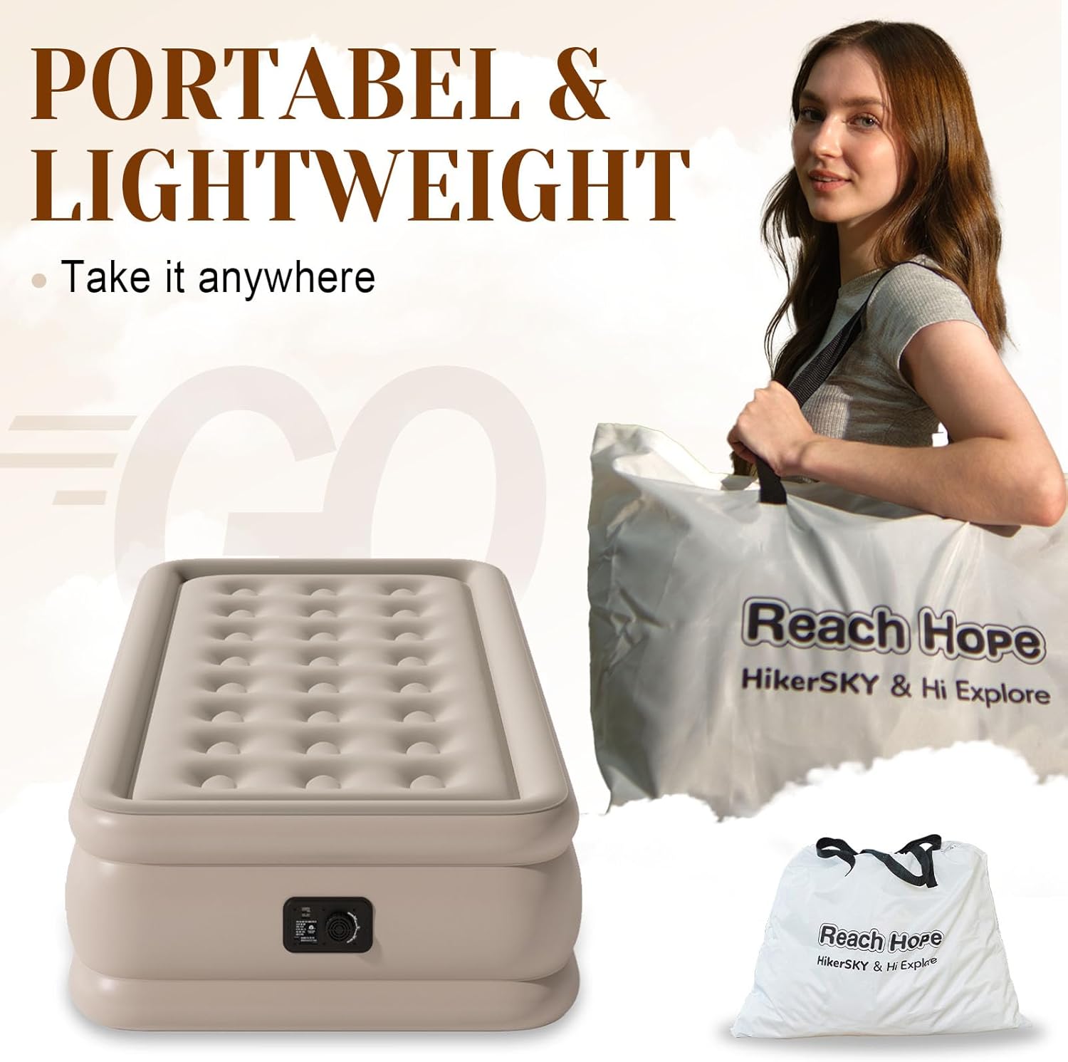 Twin Air Mattress with Built-in Pump - 18" Height Self-Inflating Blow Up Bed for Guests, Camping & Home Use, Waterproof Inflatable Mattress with Carry Bag - Portable Single Airbed (18" Khaki)