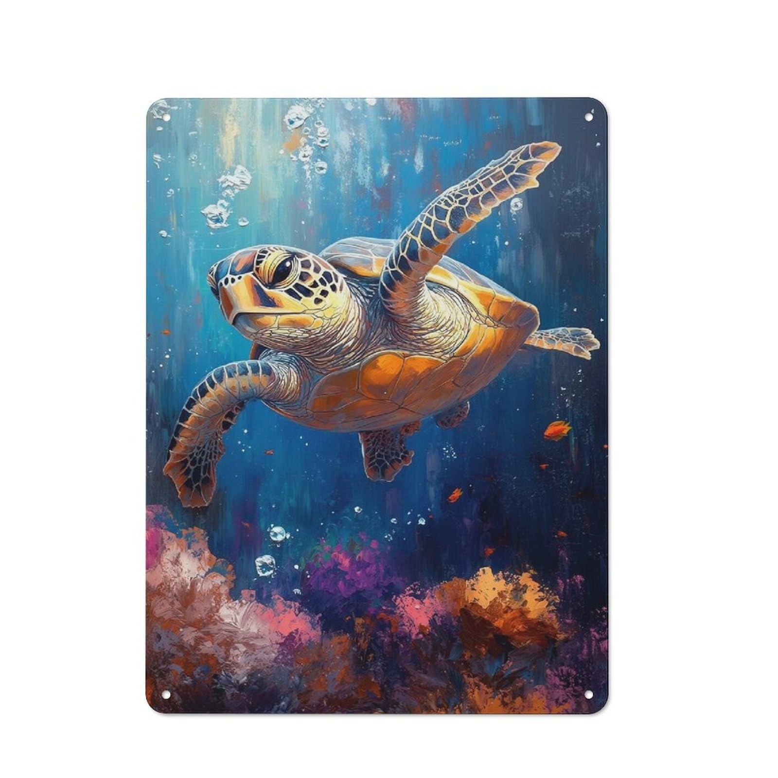 Sea Turtle Underwater Painting Retro Metal Sign 40x30cm, Distressed Look Retro Room Decor for Living Room, Hallway, Kitchen Or Cafe