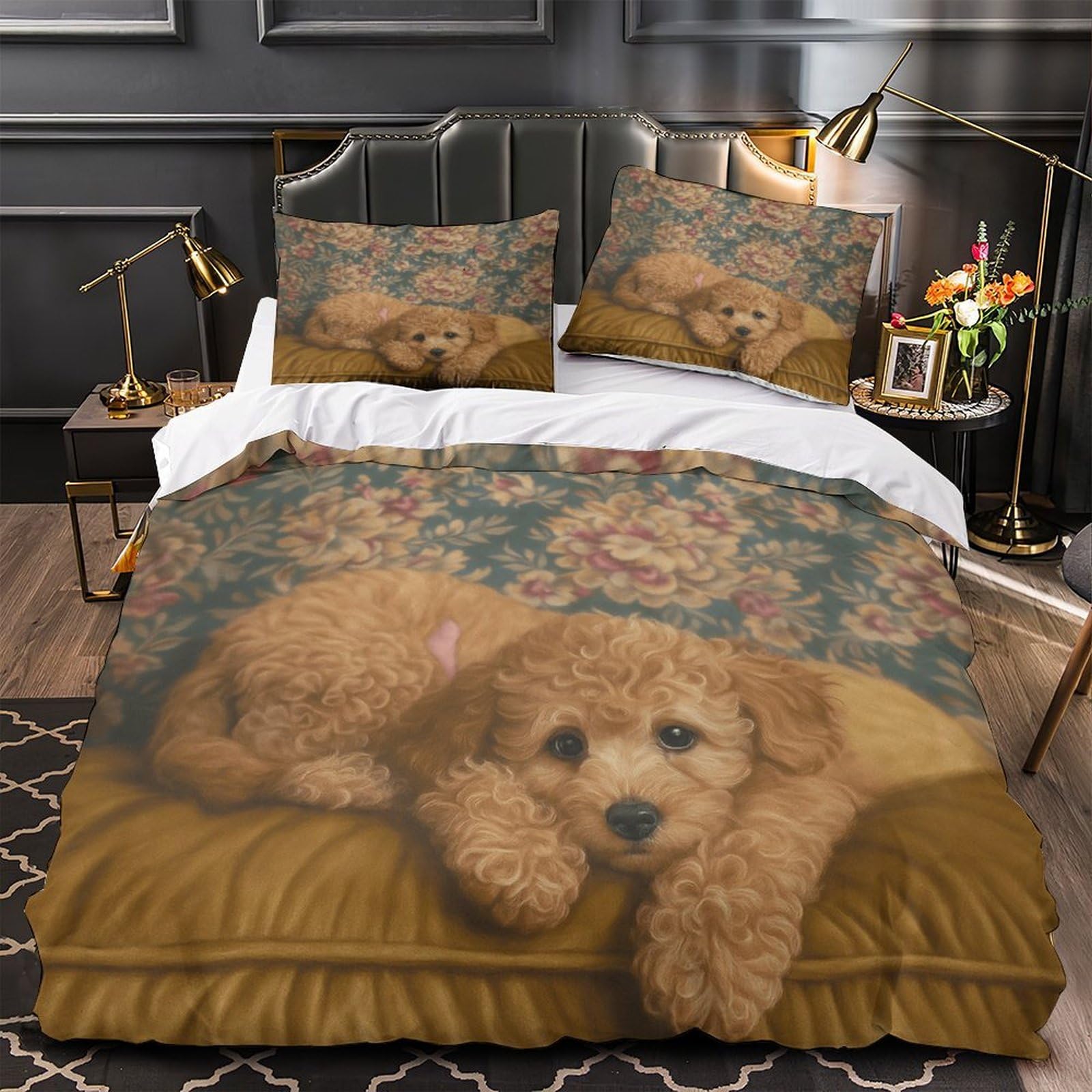 Parure de lit chiot mignon en microfibre 135x200 cm avec housse de couette enfant et taie d'oreiller