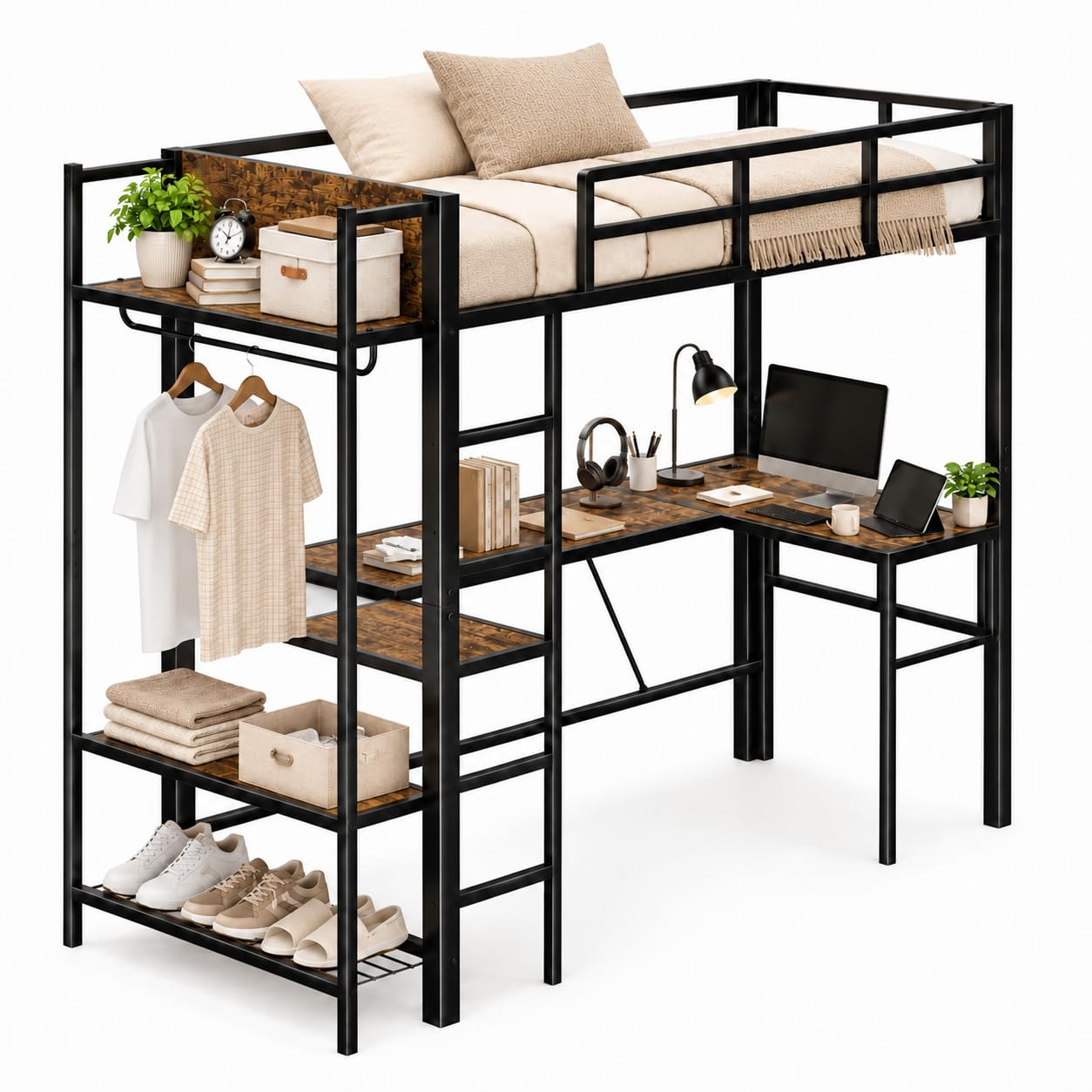 DORAFAIR Lit Mezzanine 90x200 cm avec Bureau et USB, Lit Gain de Place, Noir