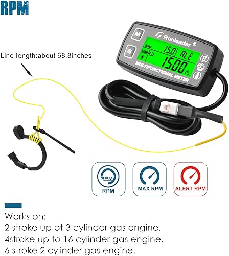 Miniatura 3 de Runleader Medidor digital de hora de tacón, medidor de temperatura de aceite de agua del motor, RPM y temperatura, pantalla de retroiluminación para