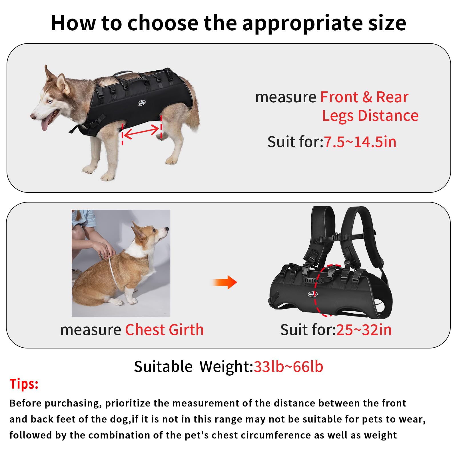 Wakytu Arnés de elevación para perros, soporte de escalera para patas traseras, ancianos, discapacitados, lesiones articulares, artritis, perros grandes, escaleras arriba y abajo, coches (33-66 libras