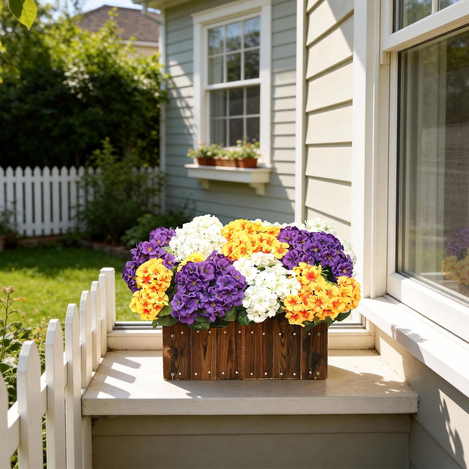 6 Bundles Artificial Geranium Flowers for Outdoors Spring Decor Geraniums Silk Flowers UV Resistant Lifelike Faux Flowers for Outdoor Garden Patio Porch Balcony Home Decor(Purple 2,White 2,Yellow2) - Image 7