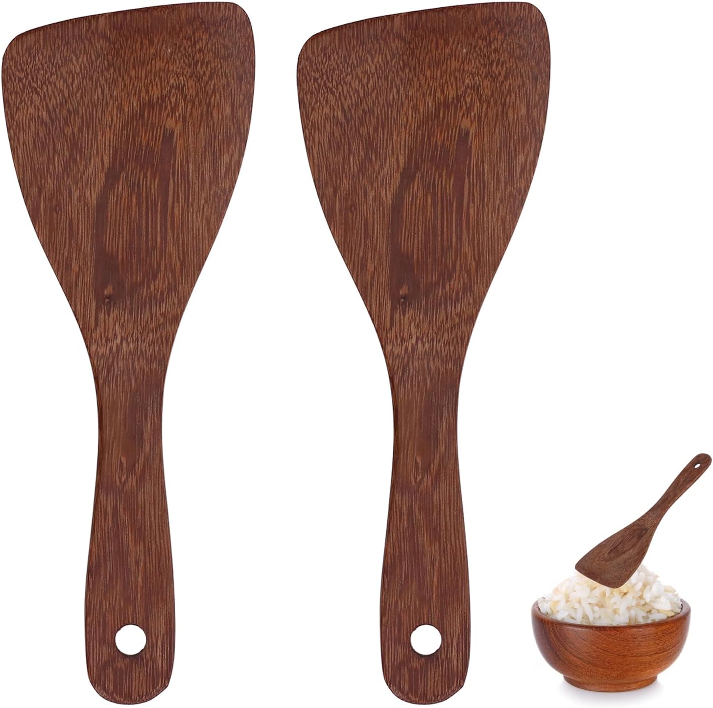 Rice Spoon, 2 Pcs Rice Paddle Natural Wooden Rice Cooker Spatula Kitchen Cooking Spoons for Mixing and Serving Rice(Bevel)