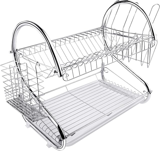 ARyee Two Tier Dish Drainer Rack Silver, Bowls Dishes Plates Cup Holder with Drip Tray