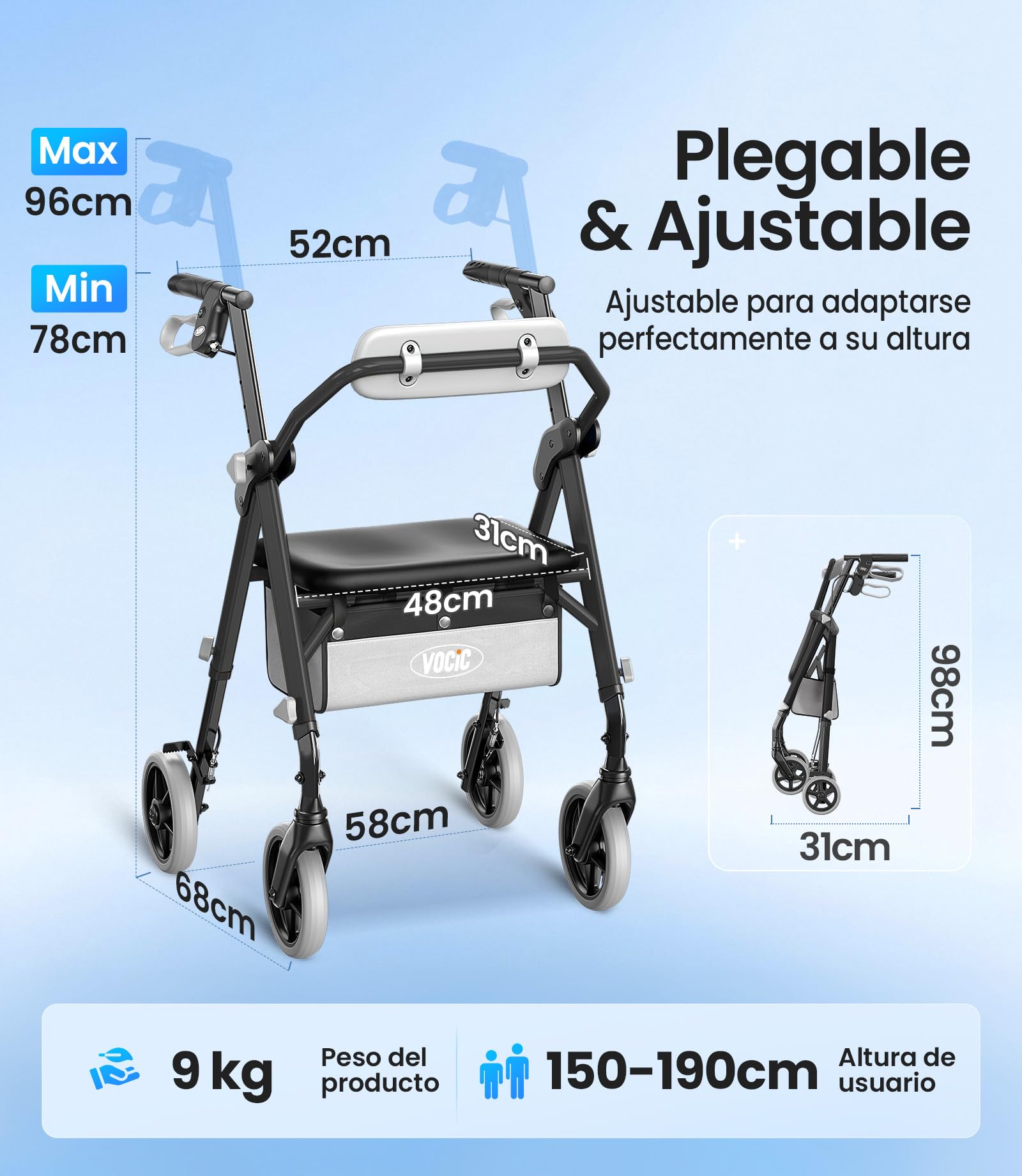 VOCIC Z11 Andador para ancianos, máx 172 kg, andador estrecho para apartamento, andador con ruedas & asiento,andador adultos & plegable,Asiento y respaldo ergonómicos, Asa de altura ajustable,Ébano