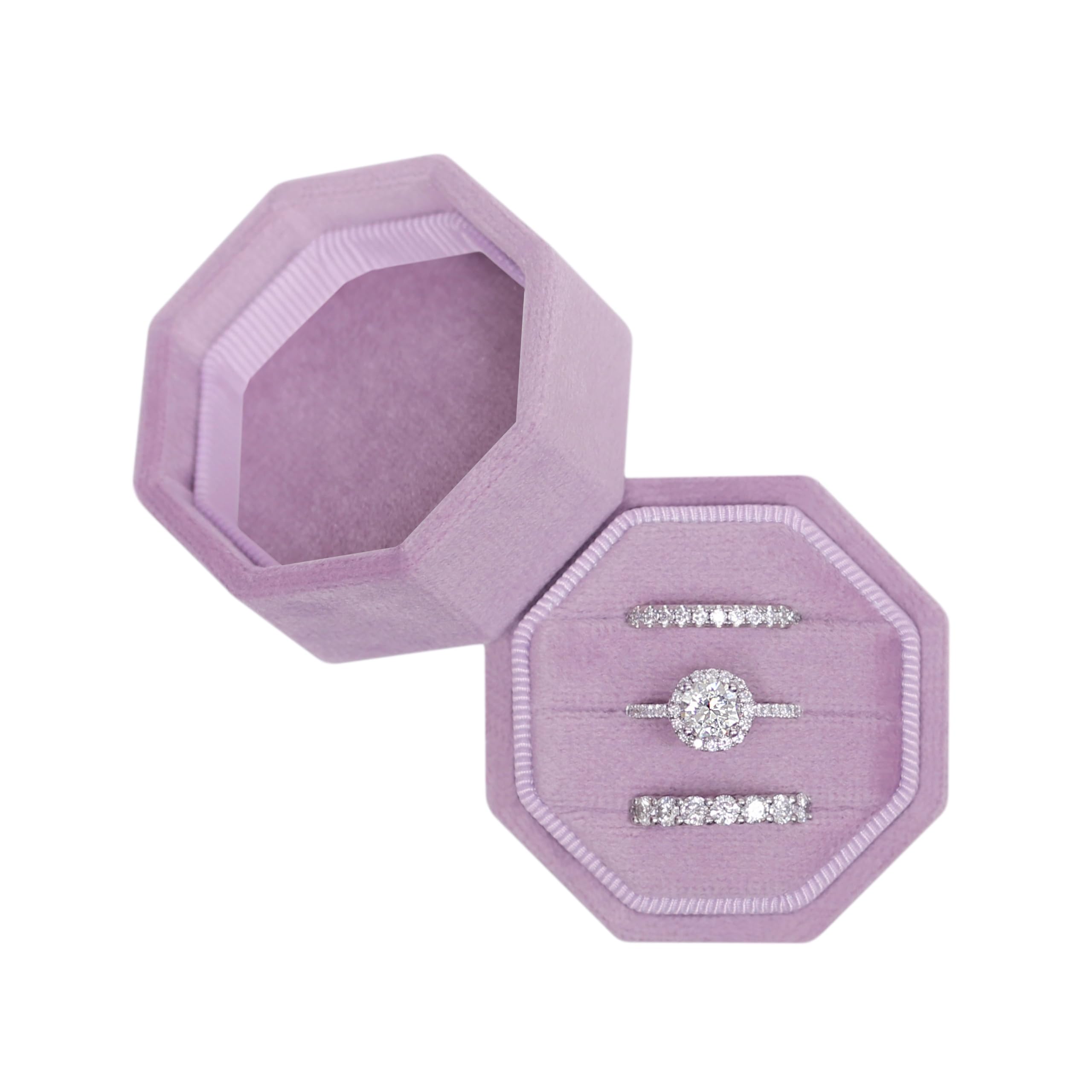 BLUTETE Velvet 3 Slots Jewelry Ring Box Engagement Wedding Box Keepsake Box Bridal Photo Ring Triple Slots Octagon (Lavender Flower)