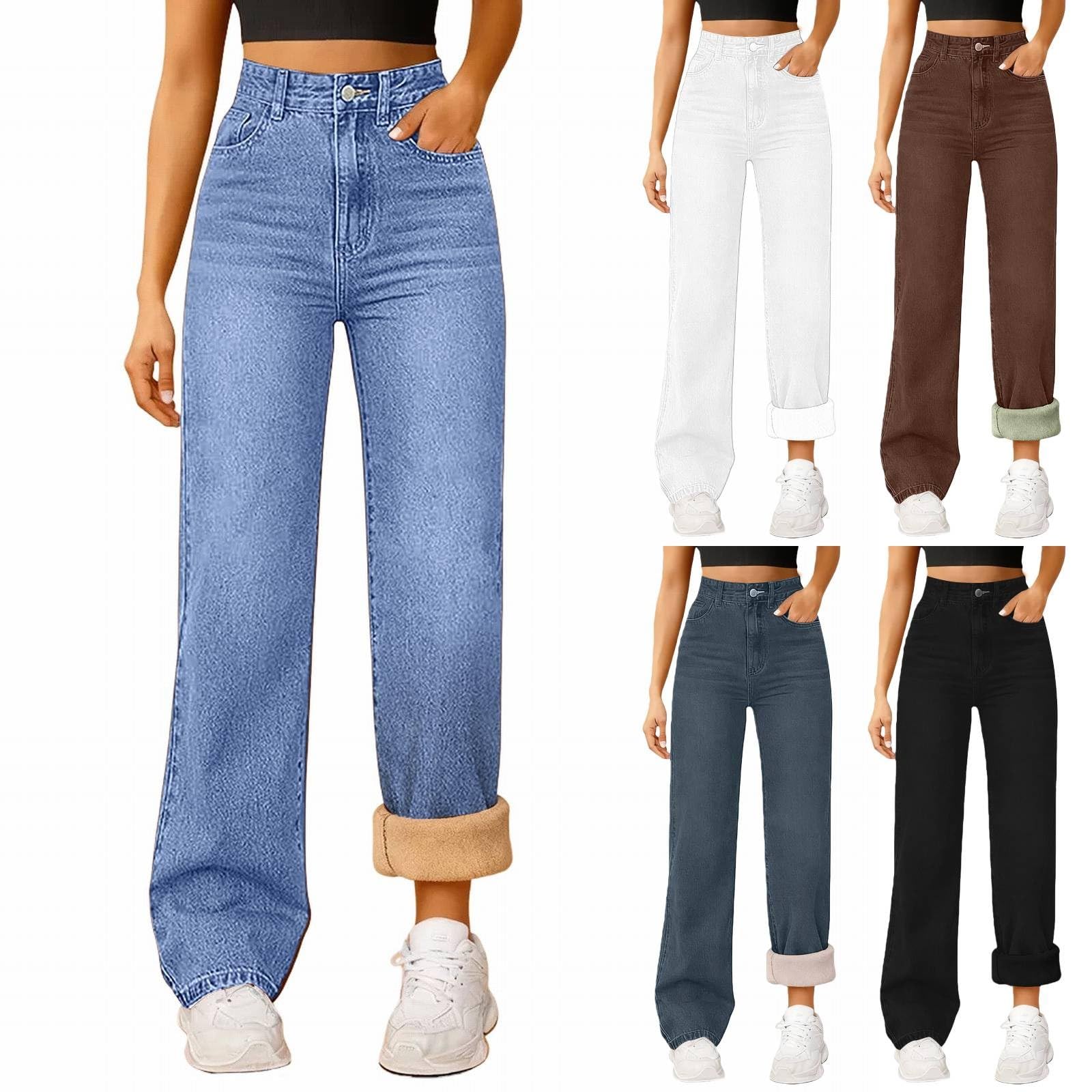Generisch Pantalones vaqueros térmicos para mujer, forrados de invierno, pantalones térmicos para mujer, elásticos, pantalones largos de joggy, cintura alta, holgados, pierna recta, pantalones