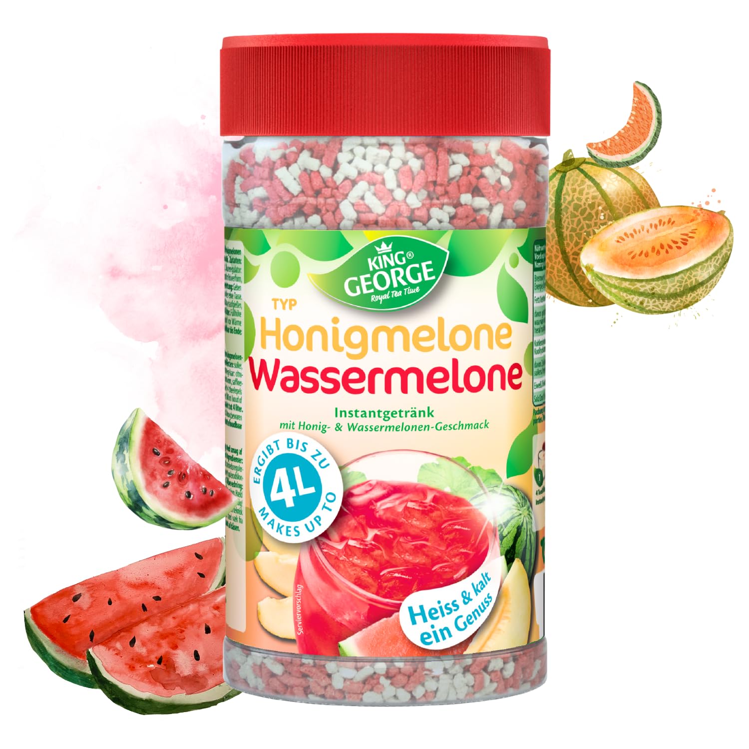 KING GEORGE Bebida instantánea de té de melón, sandía, 12 x 400 g, bebida instantánea, caliente y fría un placer, paquete de almacenamiento de té de migas, bebida para verano, cumpleaños, fiesta