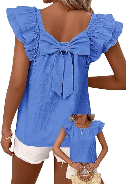 Falechay Womens Bow Tie Back Tops Babydoll Vneck Ruffle Short Sleeve Shirts