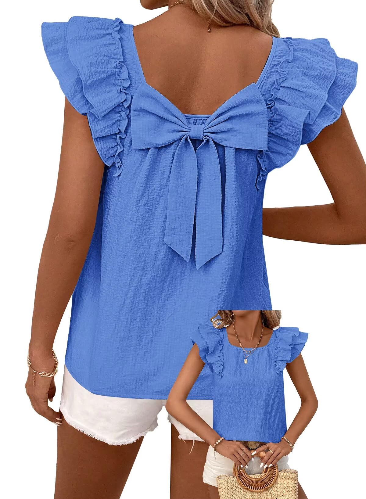 Womens Bow Tie Back Tops Round Neck Ruffle Short Sleeve Shirts Cute Babydoll Chiffon Tee Women Summer Trendy Tunic