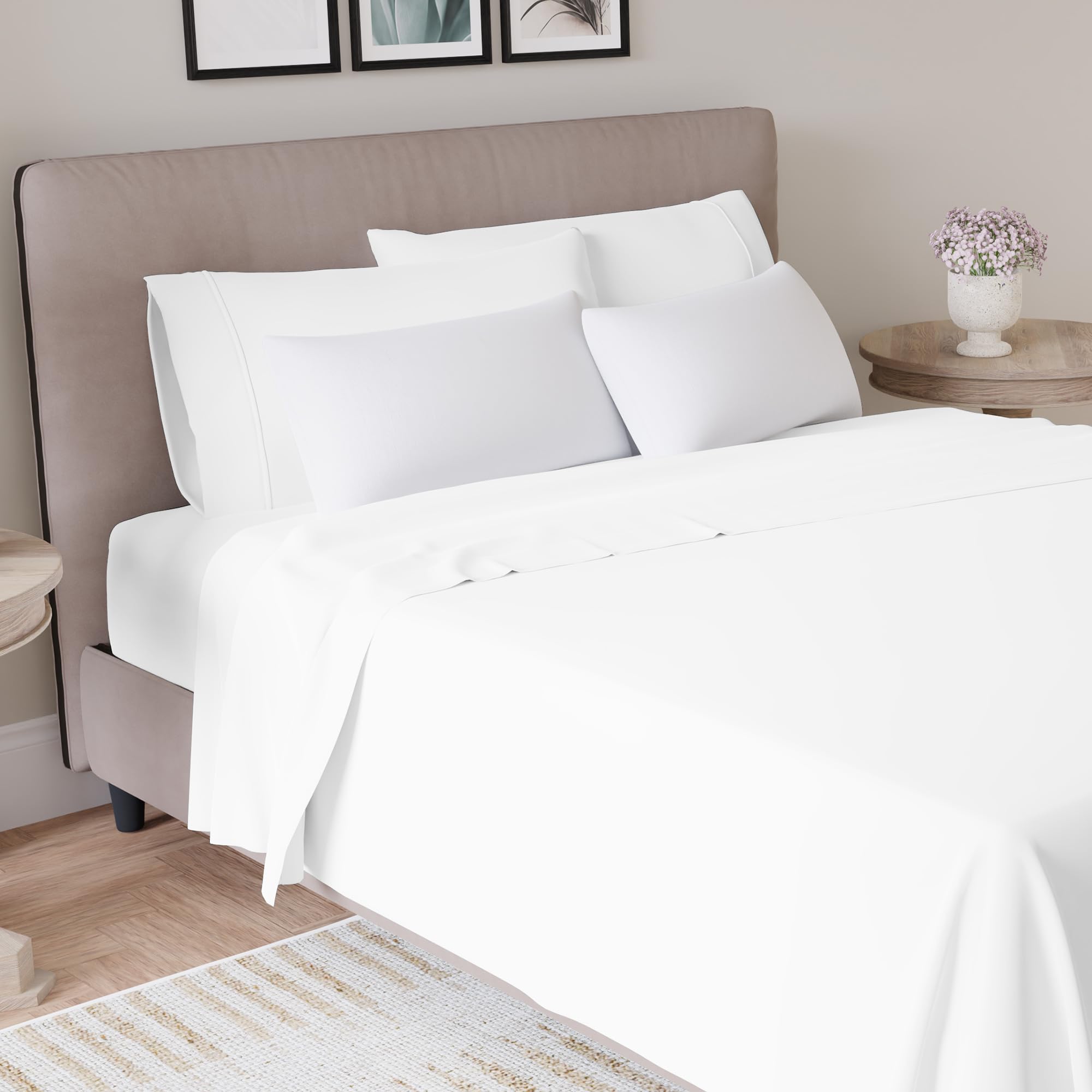 AIREOLUX 100% Cotton White Bed Sheet Set Full Size, 600 Thread Count Sheets - Wrinkle-Resistant 4pc Ultra-Soft & Silky Sateen Sheets (1 Flat, 1 Fitted Sheet & 2 Pillowcases) with Deep Pocket Sheets