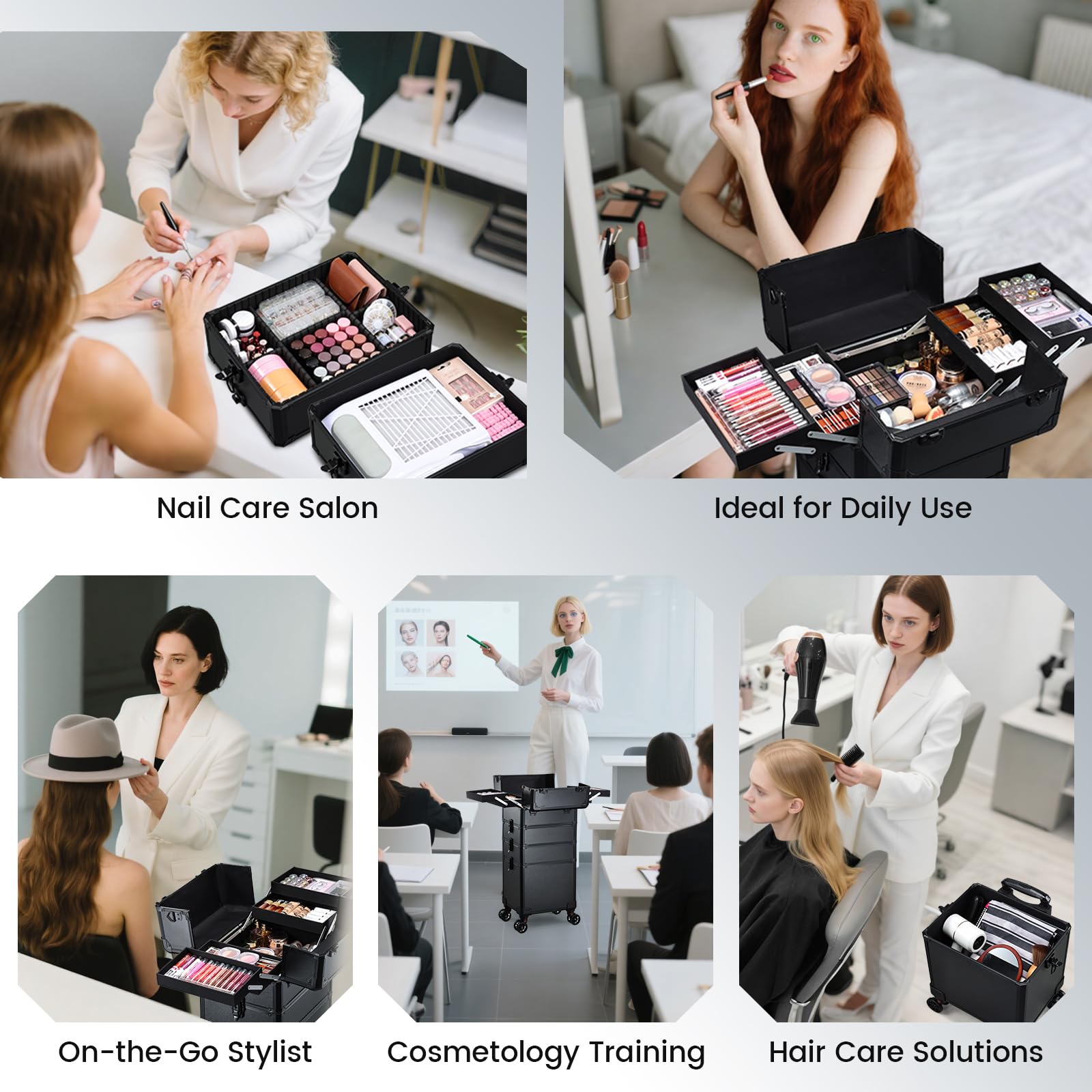 Kosmetikkoffer Alu Beauty Case 5 in 1 Kosmetik Trolley Rollkoffer Make Up Koffer Groß Schminkkoffer Nagelkoffer Abschließbare Friseur Box Drehbare Rollen für Reisen Schwarz