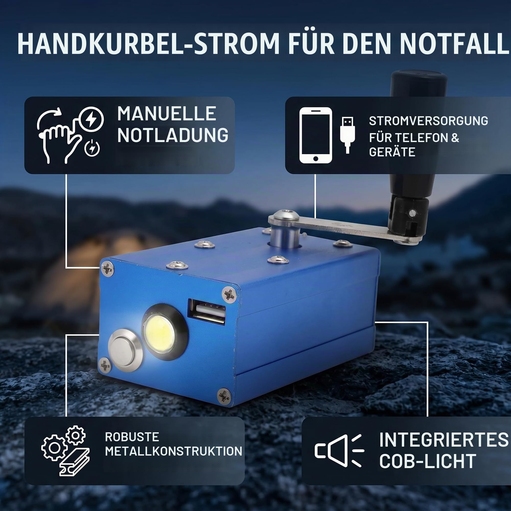 Manueller Dynamo mit Hoher Leistung, Tragbares Handkurbel-Ladegerät, Handy-Ladegerät mit COB-Licht für Notfall-Überlebenscamping