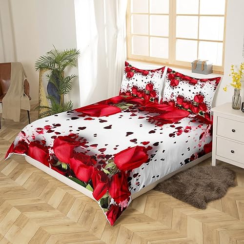 Miniatura 8 de Feelyou Juego de ropa de cama de rosas rojas de lujo, funda de edredón floral para niños, adolescentes, niñas, mujeres, románticas, flores,