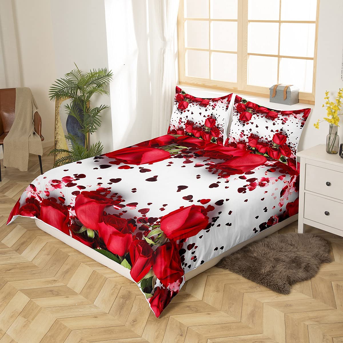 Homemissing Rose Comforter Cover Red Rose Petals Bedding Set Floral Bouquet Botanical Design Duvet Cover Romantic Flowers Microfiber Bedding & Linen Valentine's Day Couple Lover Bedclothes King Size - Image 2