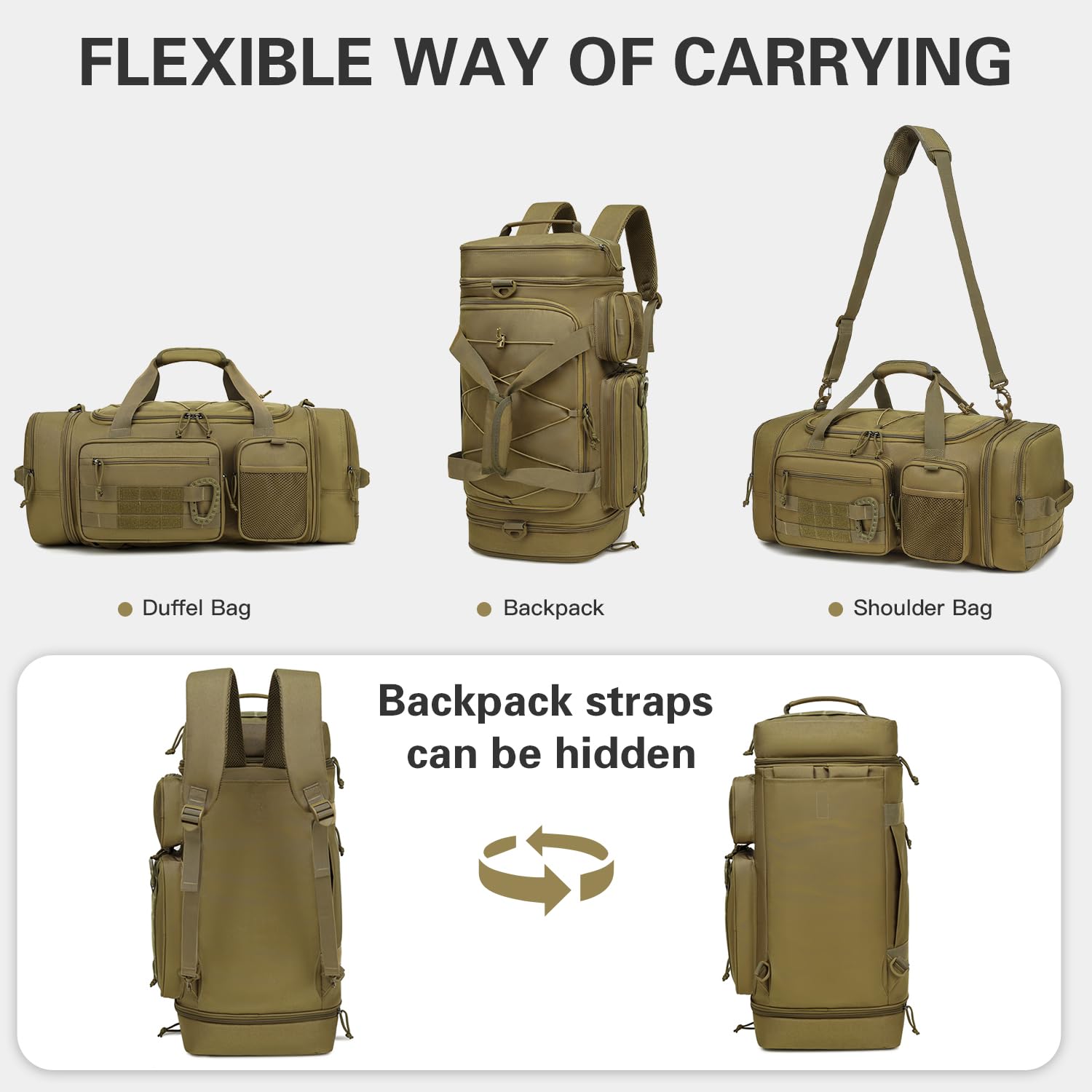 Bolsa de Viaje Táctica Expandible 40-45L Bolsa Deporte Hombre con Compartimento Zapatos y Bolsillo húmedo Bolsas Gimnasio con Función Mochila para Fin De Semana, Viajes, Marrón