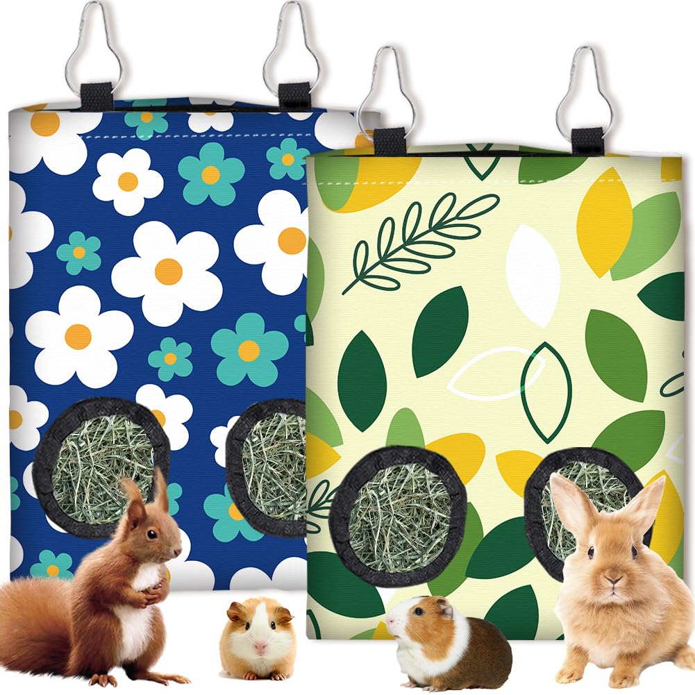 PRESSINART 2Pcs 2 Styles Rabbit Hay Feeder Bags for Guinea Pigs Chinchillas 11.6 x 9.1 Inch Hanging Hay Bag with 2 Holes Flowers Leaves Cloth Washable Small Animal Feeding Storage Cage Accessories