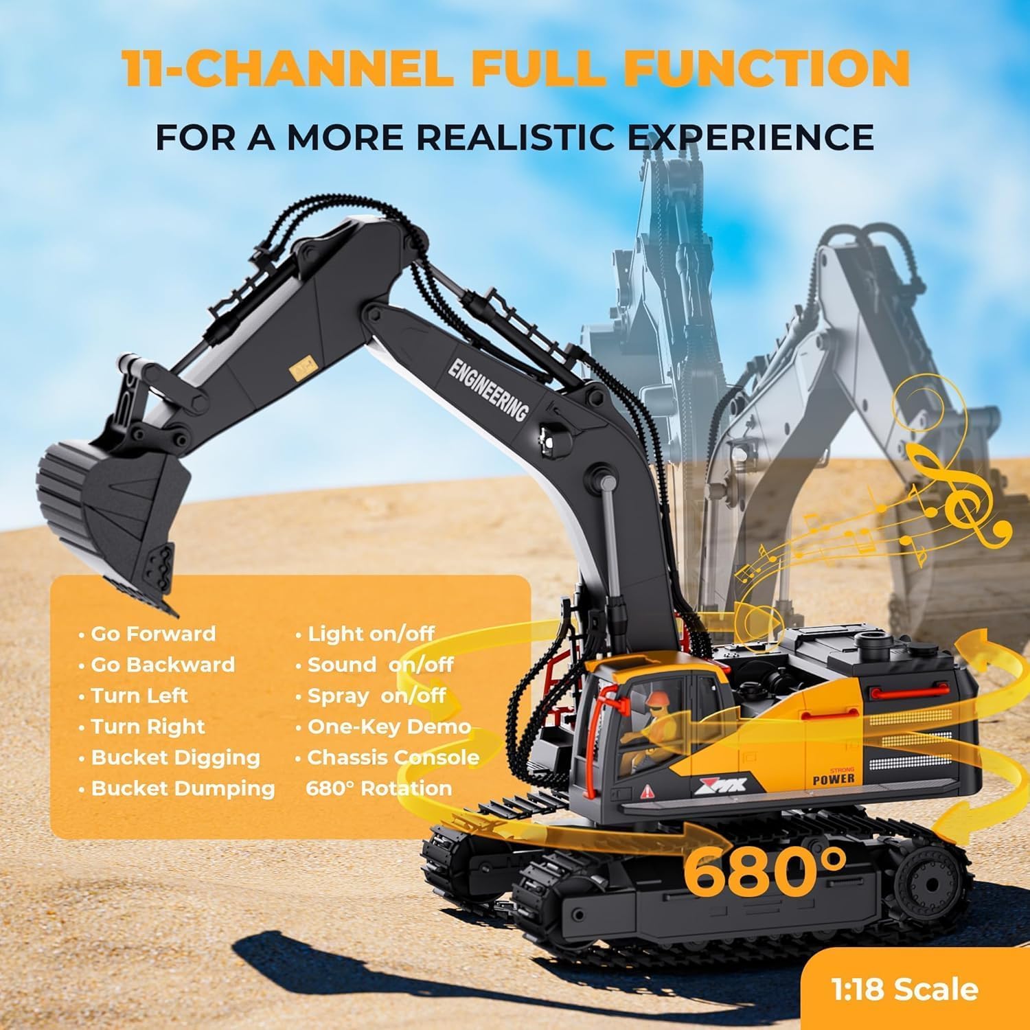 Pihura Rc Excavator 11 Channel Rc Excavator Truck Toys Metal Shovel, 1/18 Remote Control Construction Vehicles Tractor, 2.4Ghz boy Toy Gift for Kids and Adults 1