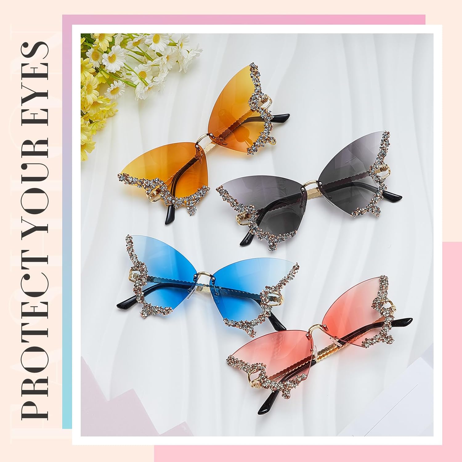 Xuhal 4 Pairs Rimless Butterfly Sunglasses Rhinestone Bling Sun Glasses Trend Gradient Butterfly Shaped Sunglasses for Women - Image 4
