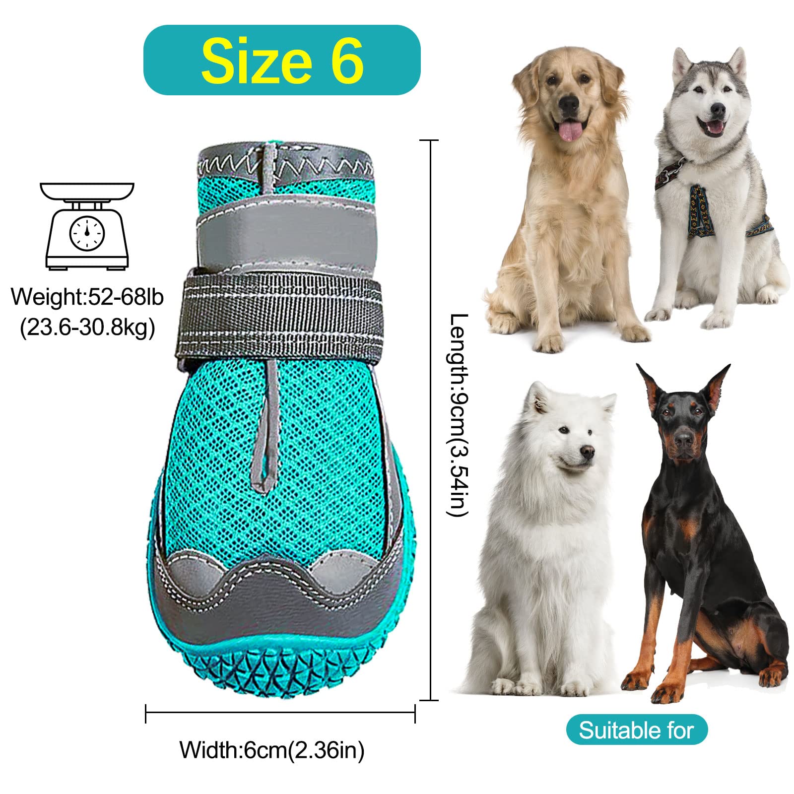Zapatos Perro, 2 Pcs Zapatos Respirable para Perros, Botas para Perros con Banda Reflectante Suelas de Goma Antideslizantes Resistentes (Tamaño6 (2 Piezas))