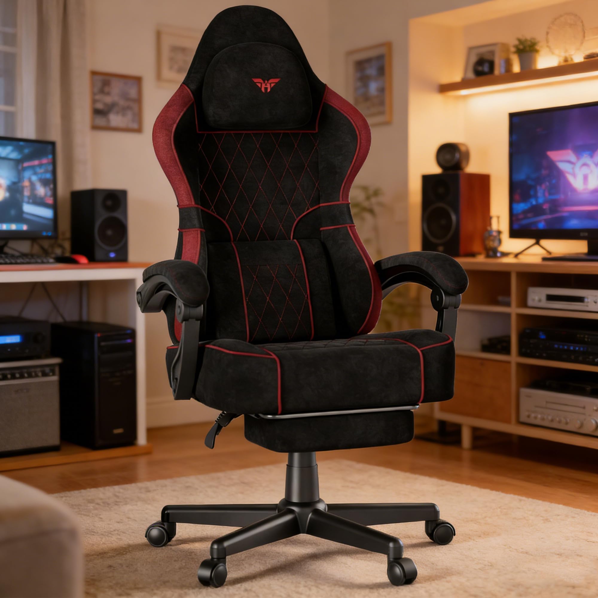 Soontrans Gaming Stuhl mit Massage Lendenwirbelstütze, Gepolstert Gaming Chair, Gaming Stuhl Ergonomisch mit Fußstütze, Samt, 90-160° Rückenlehne verstellbar Gaming Sessel（schwarz&rot）