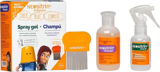 Neositrin, Pack Spray Gel (60ml) y Champú Antipiojos (100ml), Eliminación Completa y Limpieza Profunda en 1 Minuto, Sin Insecticidas, A partir de 1 año