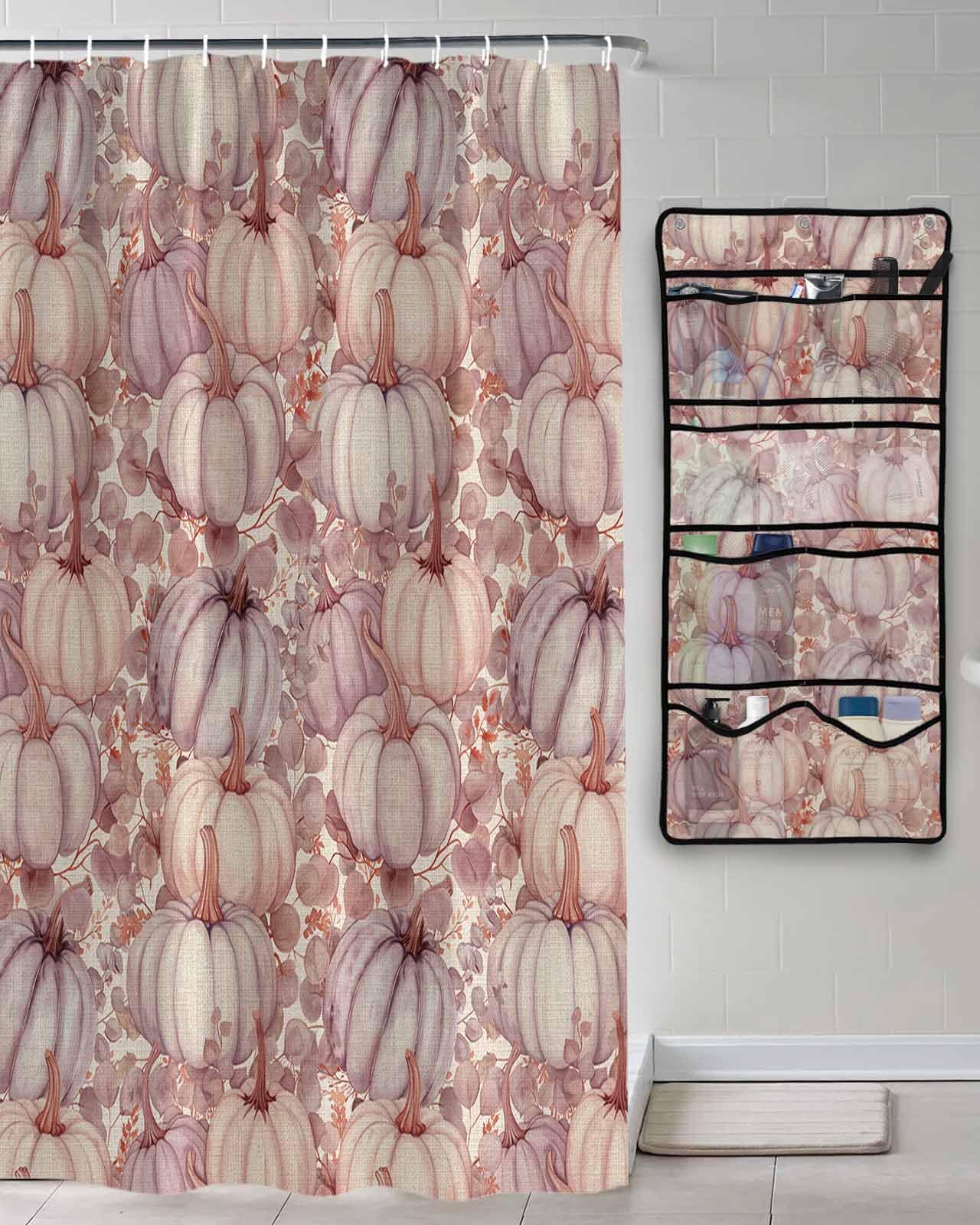 Decorative Shower Curtain Sets Fall Thanksgiving Fabric Shower Curtains Vintage Autumn Rose Red Pumpkin Eucalyptus Leaves Mesh Shower