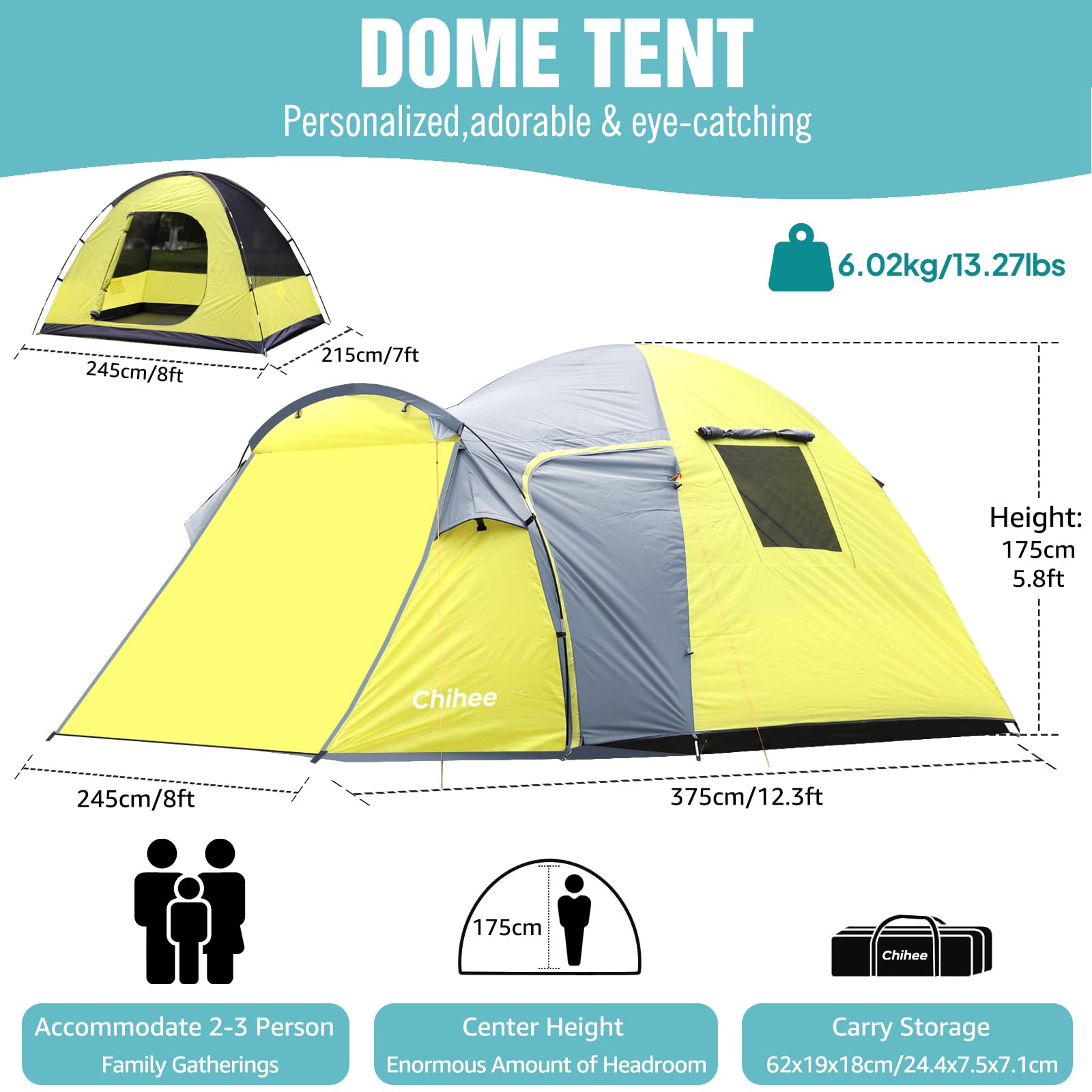 Chihee Tienda de campaña 3 Personas Doble Capa Carpas Cúpula Gran Capacidad 4 Estaciones Viajar Playa Mochilero Refugio al Aire Libre Tienda Impermeable a Prueba de Viento con Rainfly