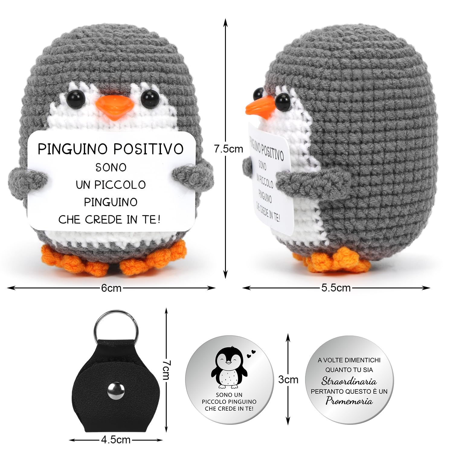 Pinguino Portafortuna Lavorato A Maglia Con Biglietto Di Incoraggiamento – Simpatico Peluche Tascabile Con Fiocco Rosa - 2