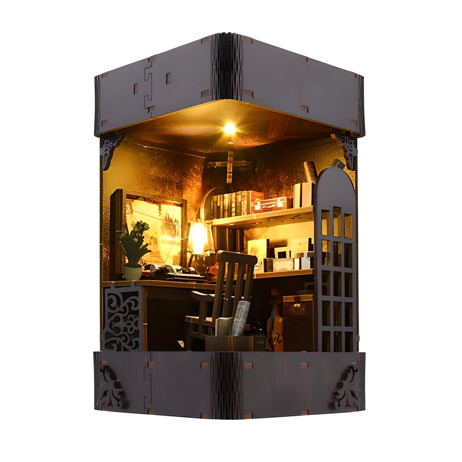 Kit fai da te per angolo libri, puzzle in legno 3D fai da te in miniatura, mini casa, kit per libri, fermalibri, inserto decorativo con luce a LED, per adulti, libro magico, libreria, decorazione,
