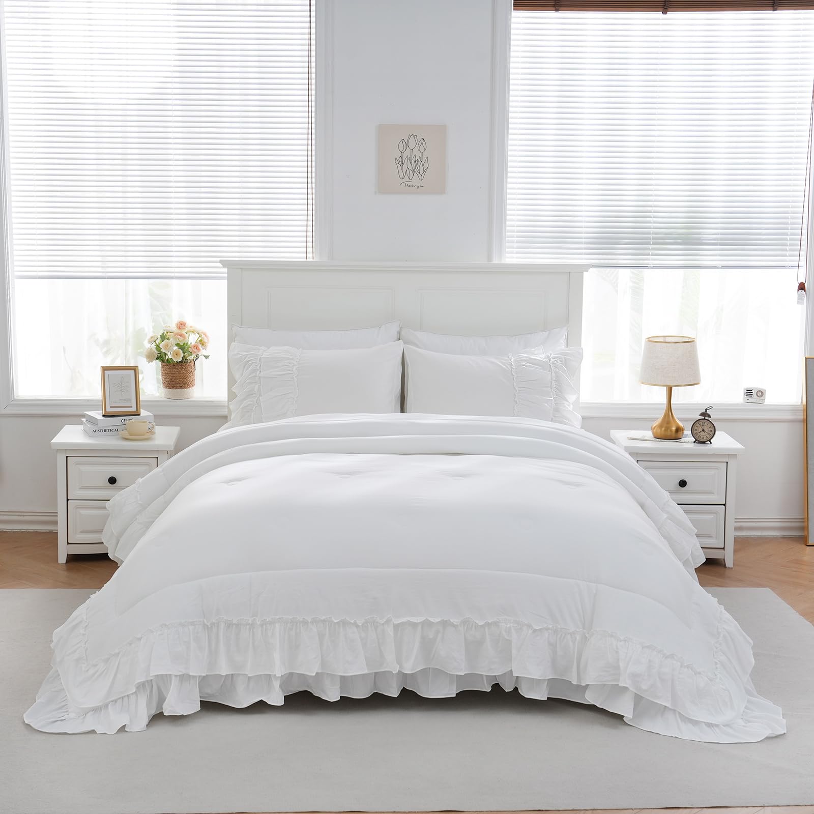 Boho Bedding Comfrter King White Comforter Set Shabby Chic Bedding 2 Layers Ruffles Home Decor Farmhouse Bed Comforter 1 Comforter 2 Pillowcases (White, King)…