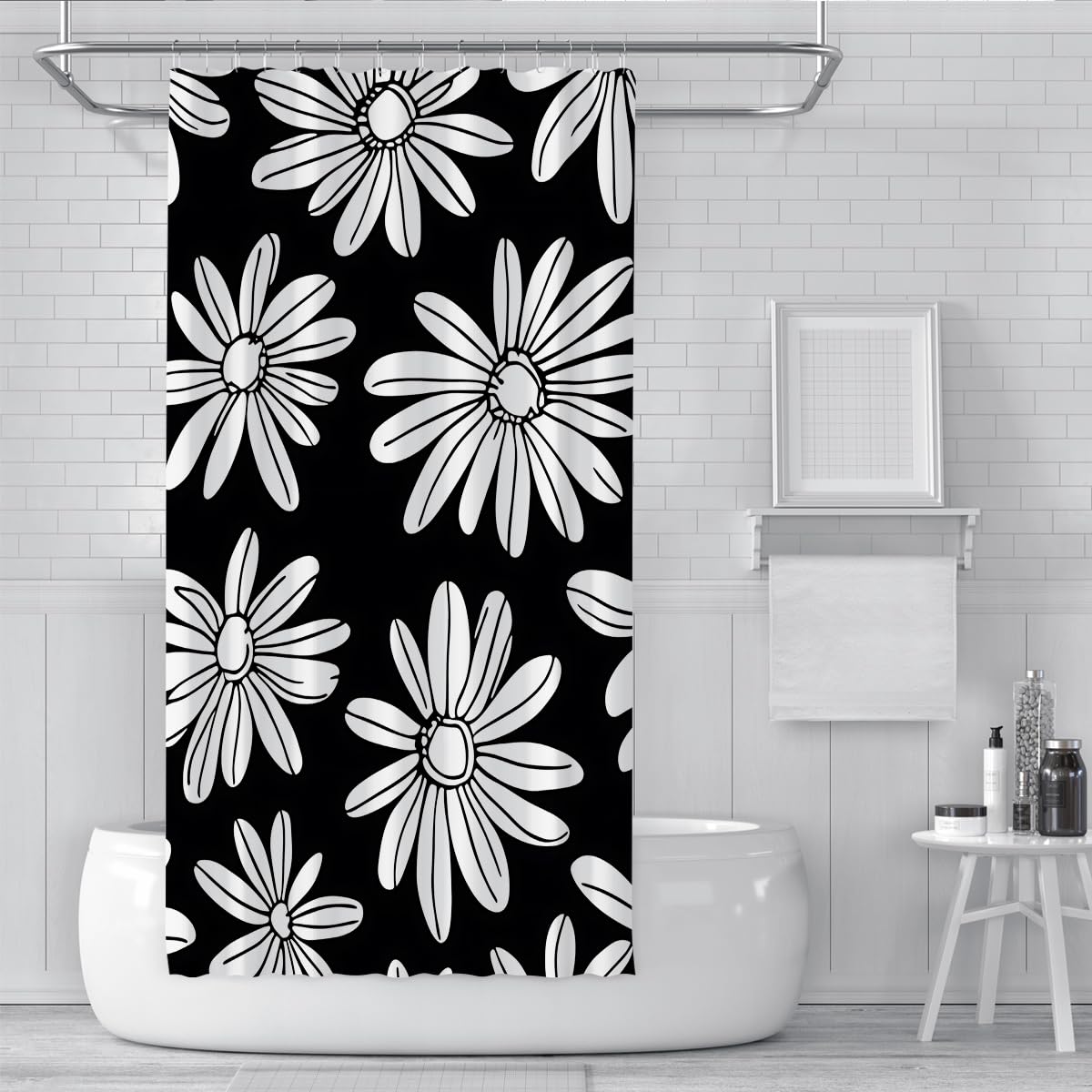 Moderner Retro-Duschvorhang Minimalistischer Gänseblümchenmuster Polyester wasserdichte Badezimmervorhänge Extra Langer Stoff Schwarz-Weiß 180 x 180 cm