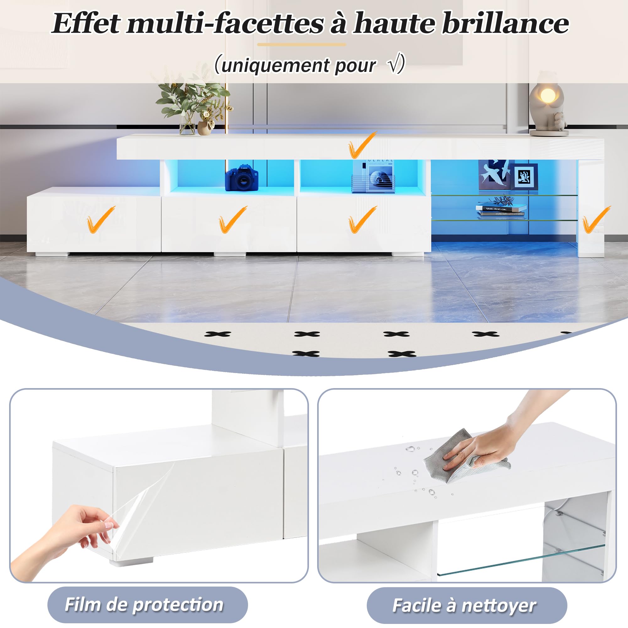 Meuble TV LED 180 cm, Meuble Tele avec Rangement, Meuble TV LED Haute Brillance, pour TV jusqu'à 75 Pouces, Blanc, 180 x 35 x 45 cm