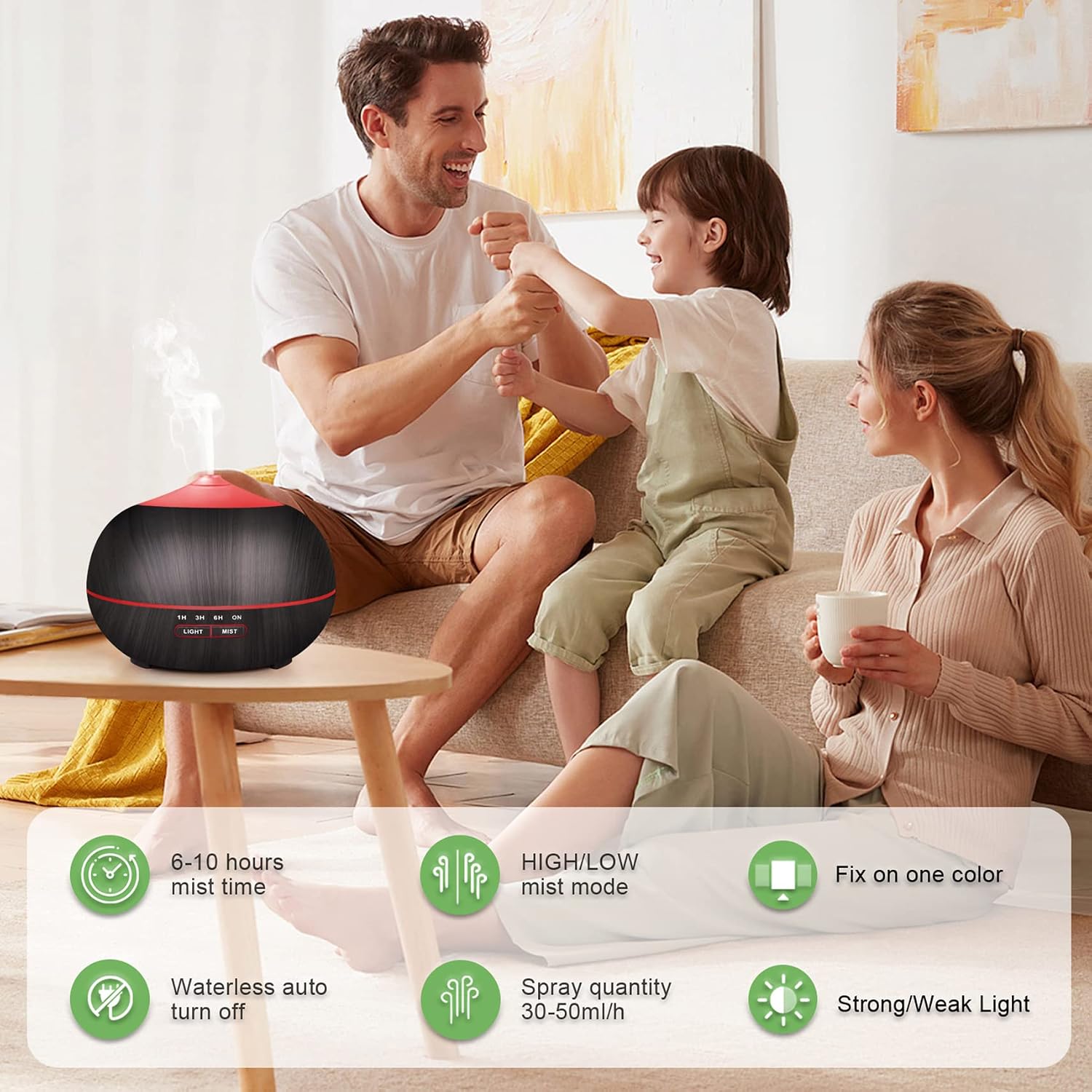Essential Oil Diffuser Humidifier for Home: 400ml Aromatherapy Air Diffusers for Large Room - Electric Ultrasonic Aroma Vaporizer for Bedroom - Cool Mist Humidifiers with LED Light (Black)