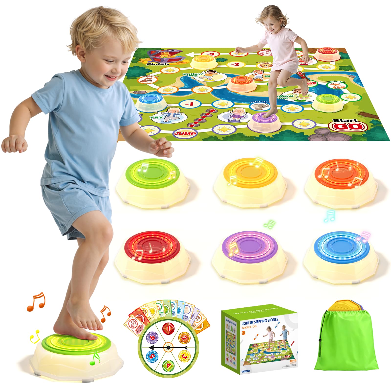 HYES Light Up Stepping Stones for Kids - 6 PCS Non-Slip Musical Stackable Step Stones with Game Map, Toddler Obstacle Course Sensory Toys, Indoor Outdoor 3-5 Years Old Boys Girls Birthday Gifts