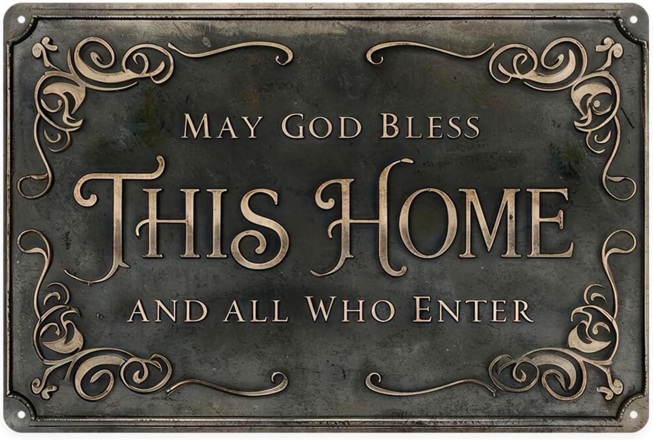 peiyeety Metal Tin Sign May God Bless This Home and All Who Enter Quote Vintage Decorative Metal Wall Art Plaque for Home Living Room Bedroom Farmhouse Patio Rustic Wall Decor 8x12 Inch