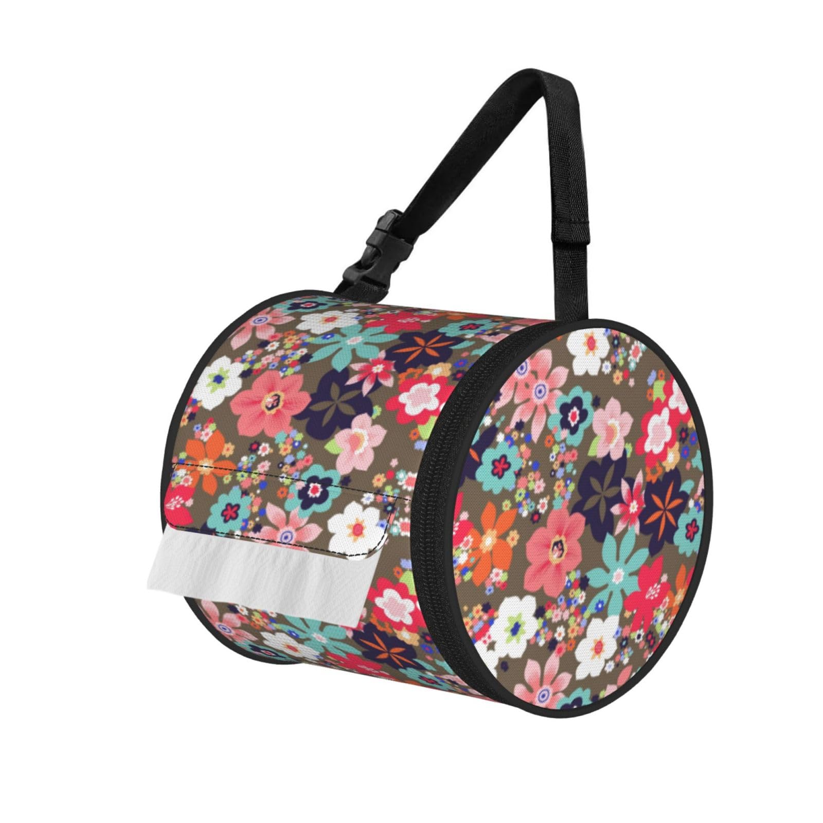 Flower Pattern Print Round Tissue Dispenser Bag With Carry Strap, Portable Roll Holder For Car Travel Home