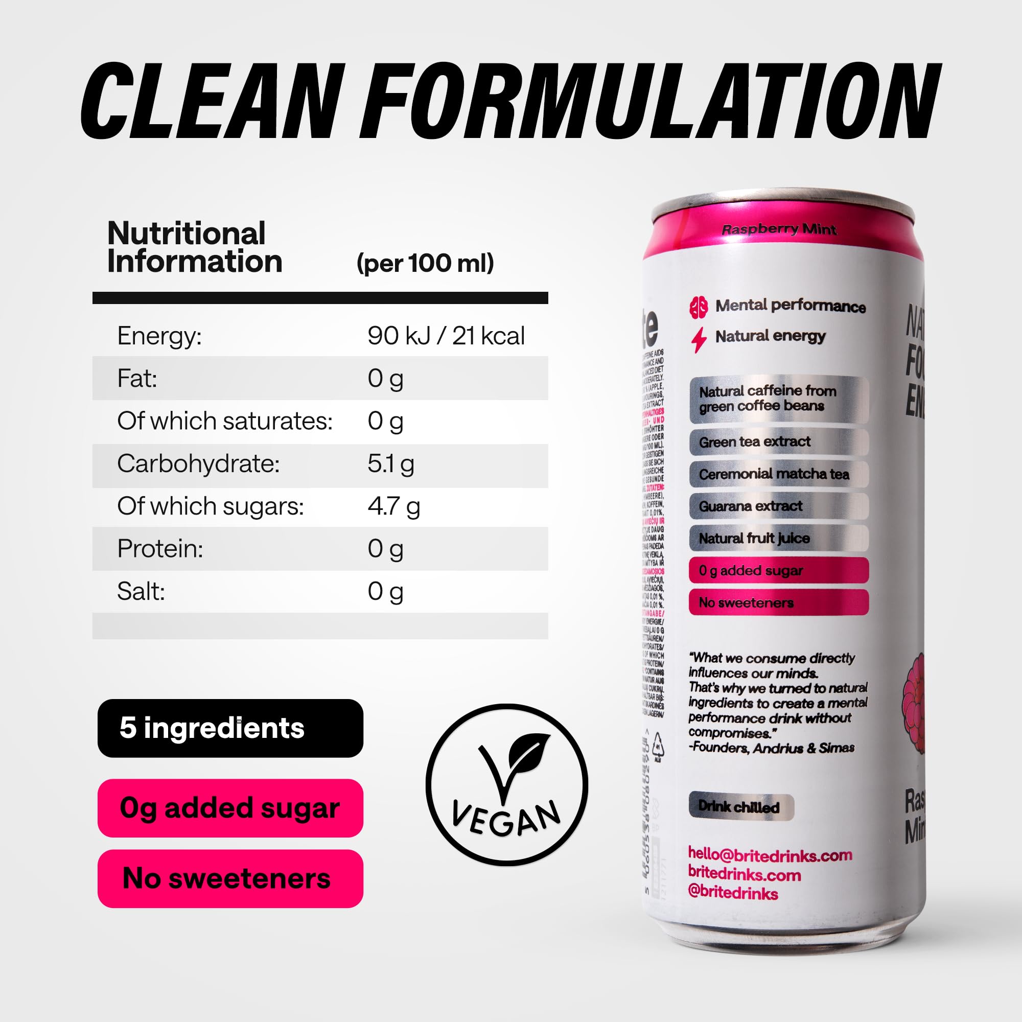 Brite Natural Focus. Boisson énergisante et alternative au café pour améliorer la productivité. À base de plantes, faible en calories, végétalienne, sans gluten. Framboise-menthe, 12 x 330 ml.