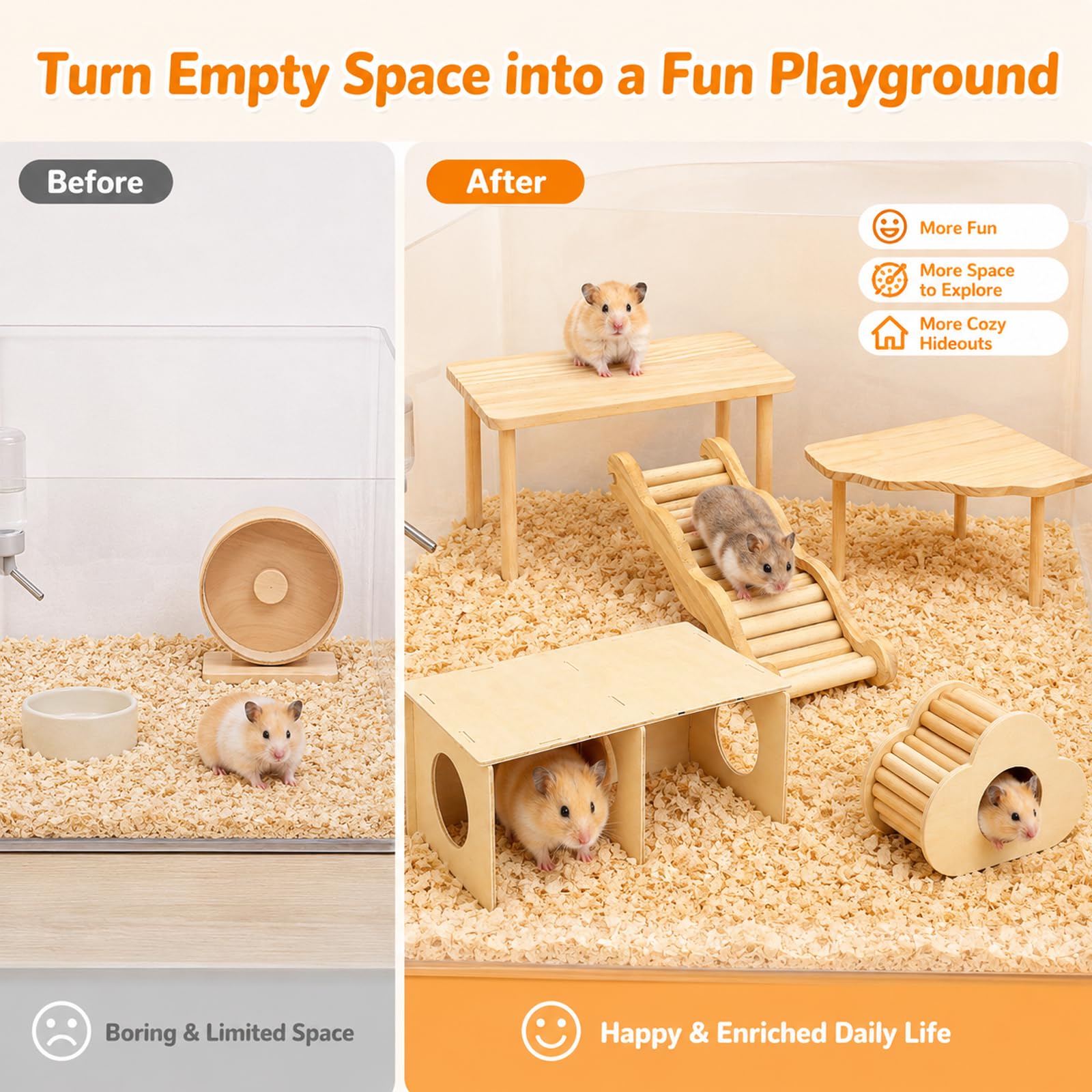 Hamster Plattform 5er Set, Hamster Spielzeug mit Plattform, Fächerplattform, Wellenleiter, Verstecktunnel & Wolkenhaus, Hamster Zubehör aus Naturholz für Meerschweinchen Chinchilla Kleintiere Käfig